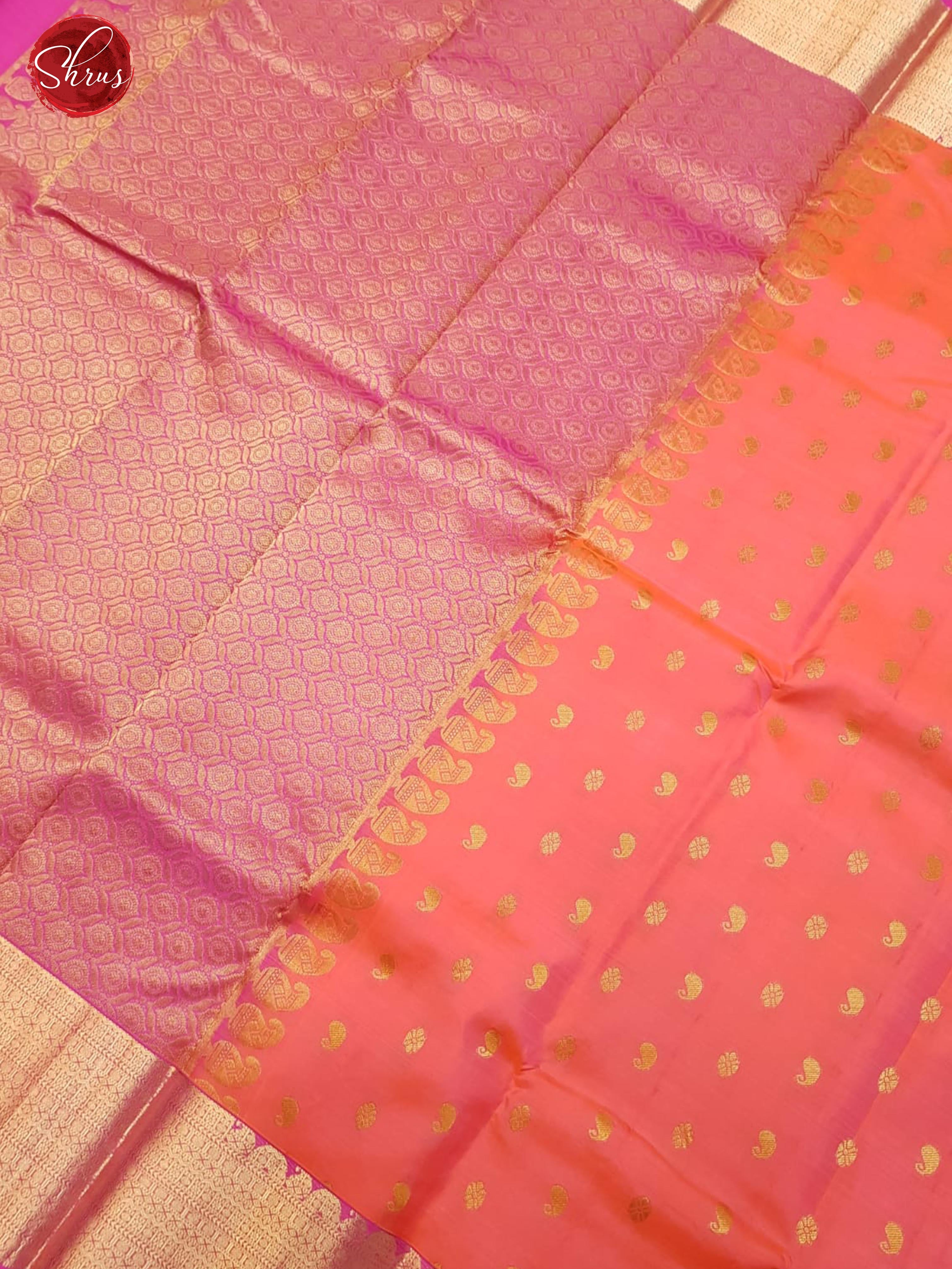 Orange & Pink - Kanchipuram Silk with zari woven buttas on the body & Zari Border - Shop on ShrusEternity.com