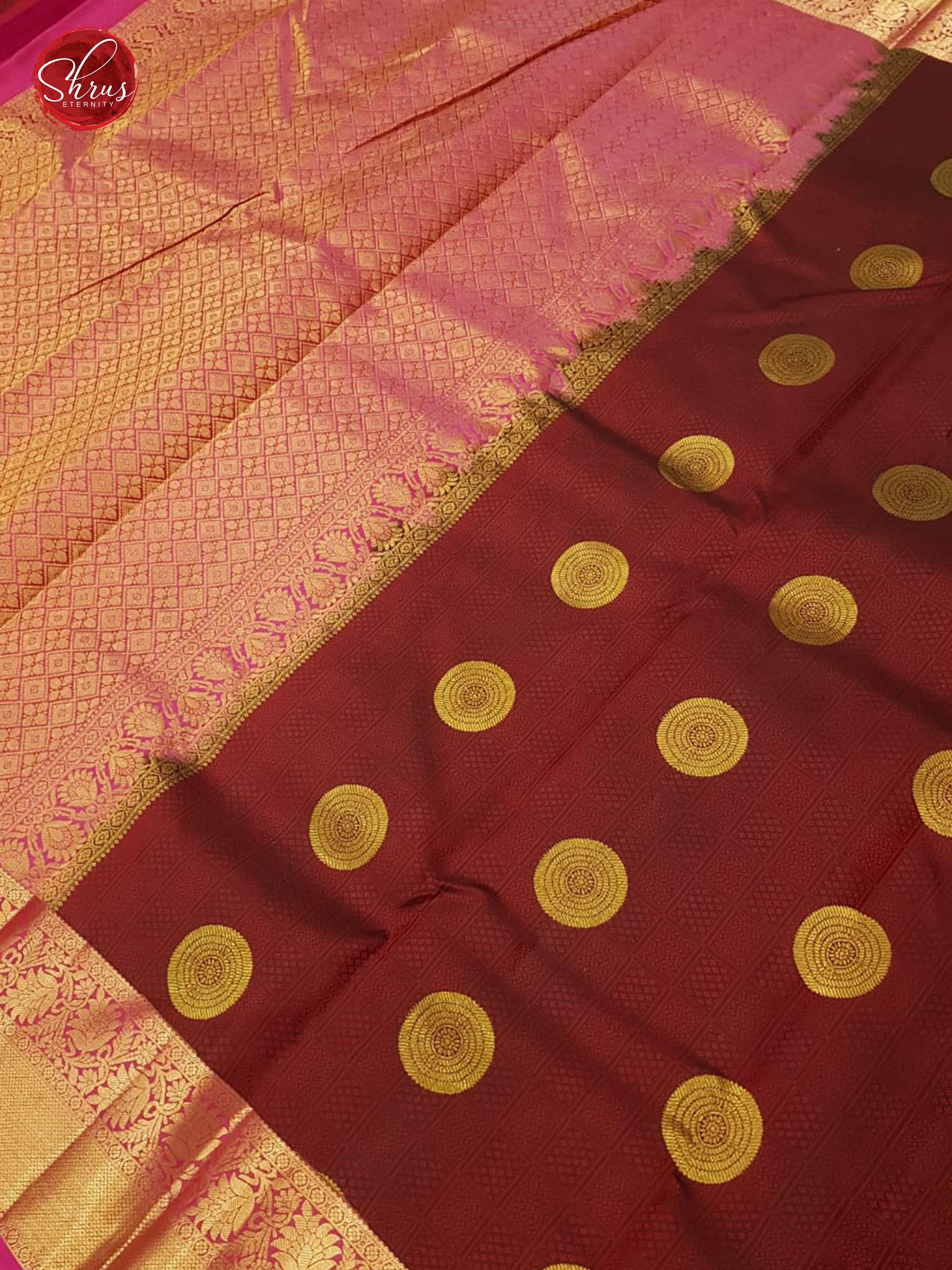 Maroon & Pink - Kanchipuram Silk with Border & Gold Zari - Shop on ShrusEternity.com