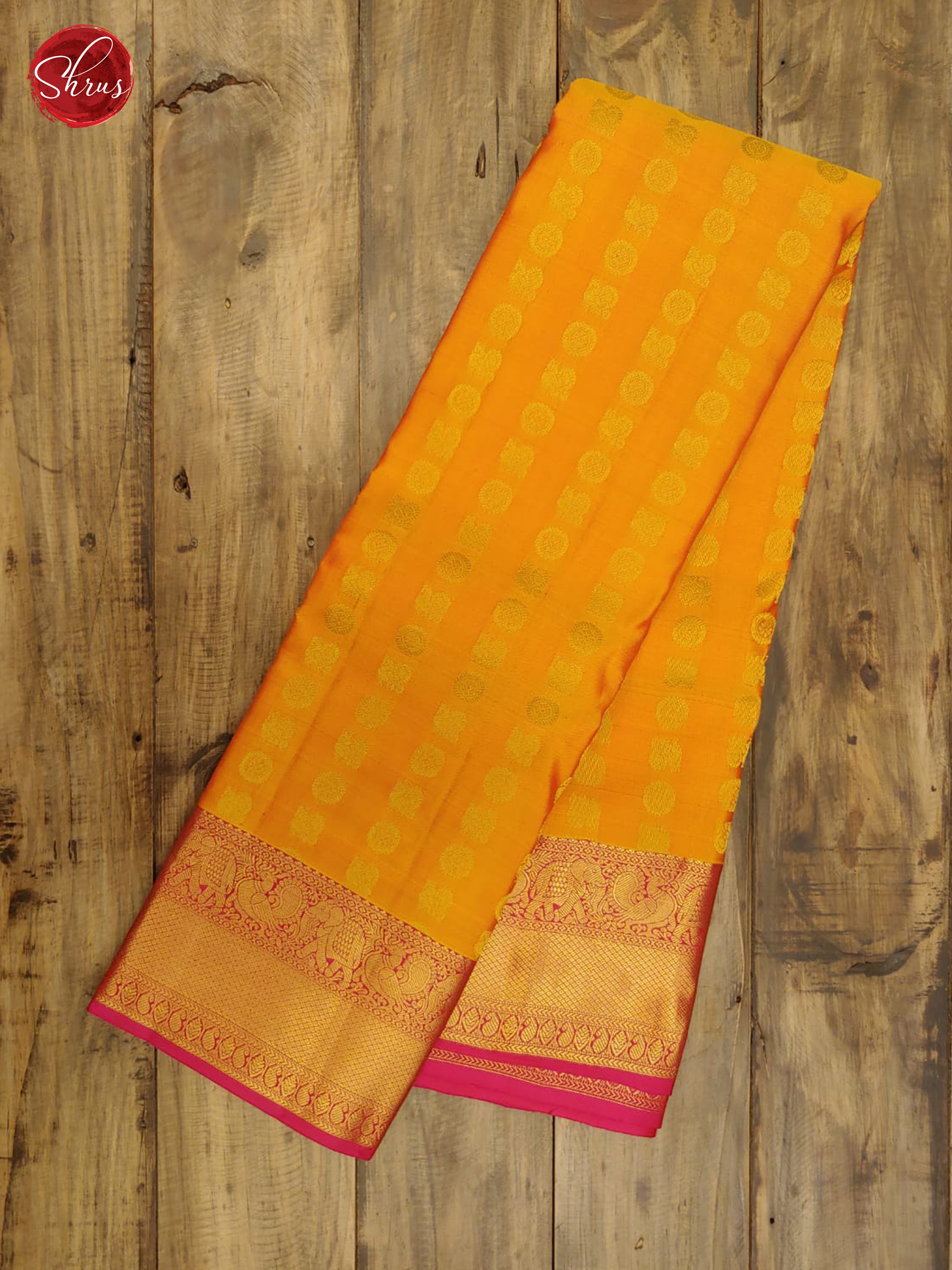 Yellow & Pink- Kanchipuram Silk with Border & Gold zari - Shop on ShrusEternity.com