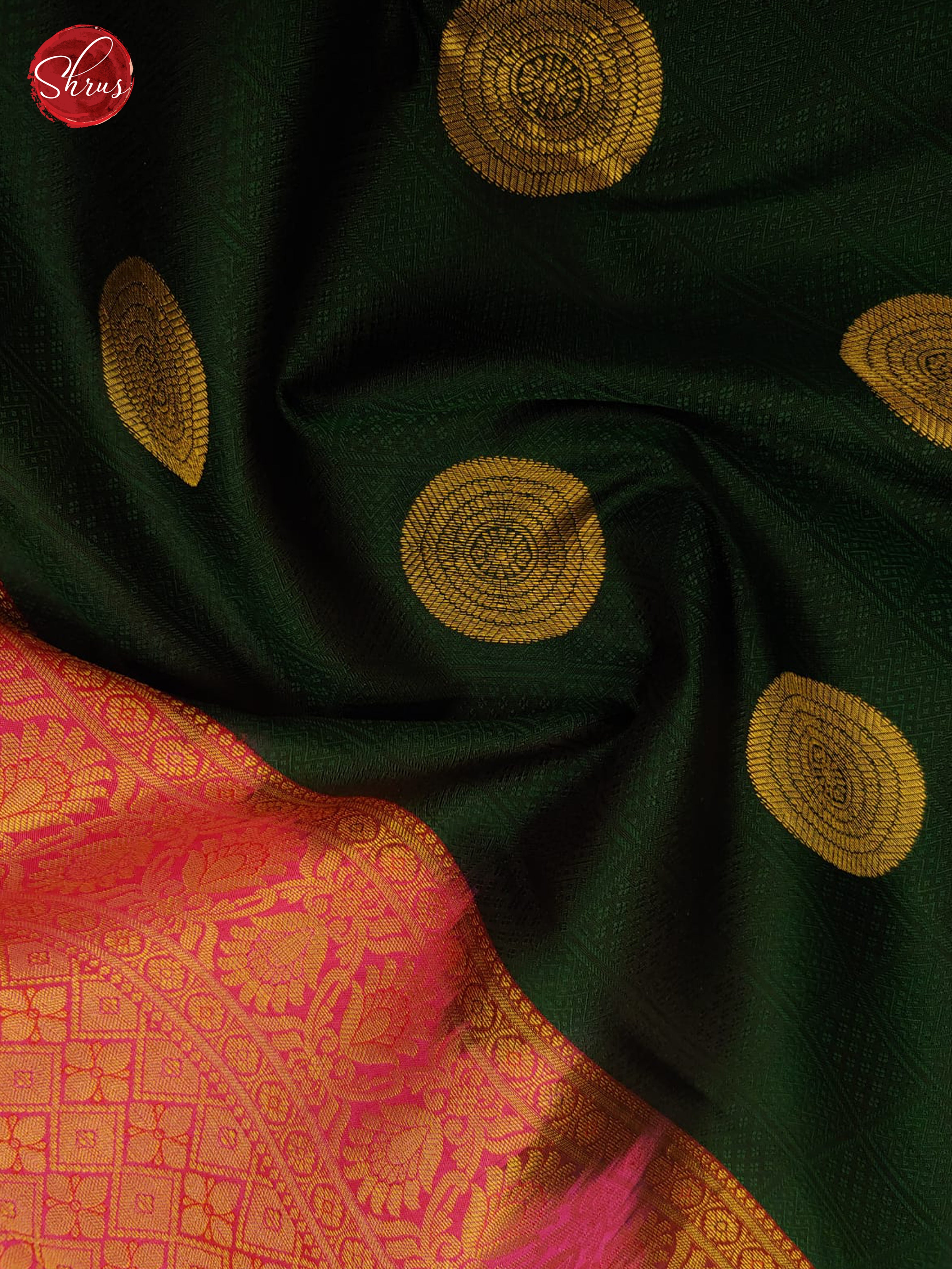 Dark Bottle Green & Pink - Kanchipuram Silk with Border & Gold zari - Shop on ShrusEternity.com