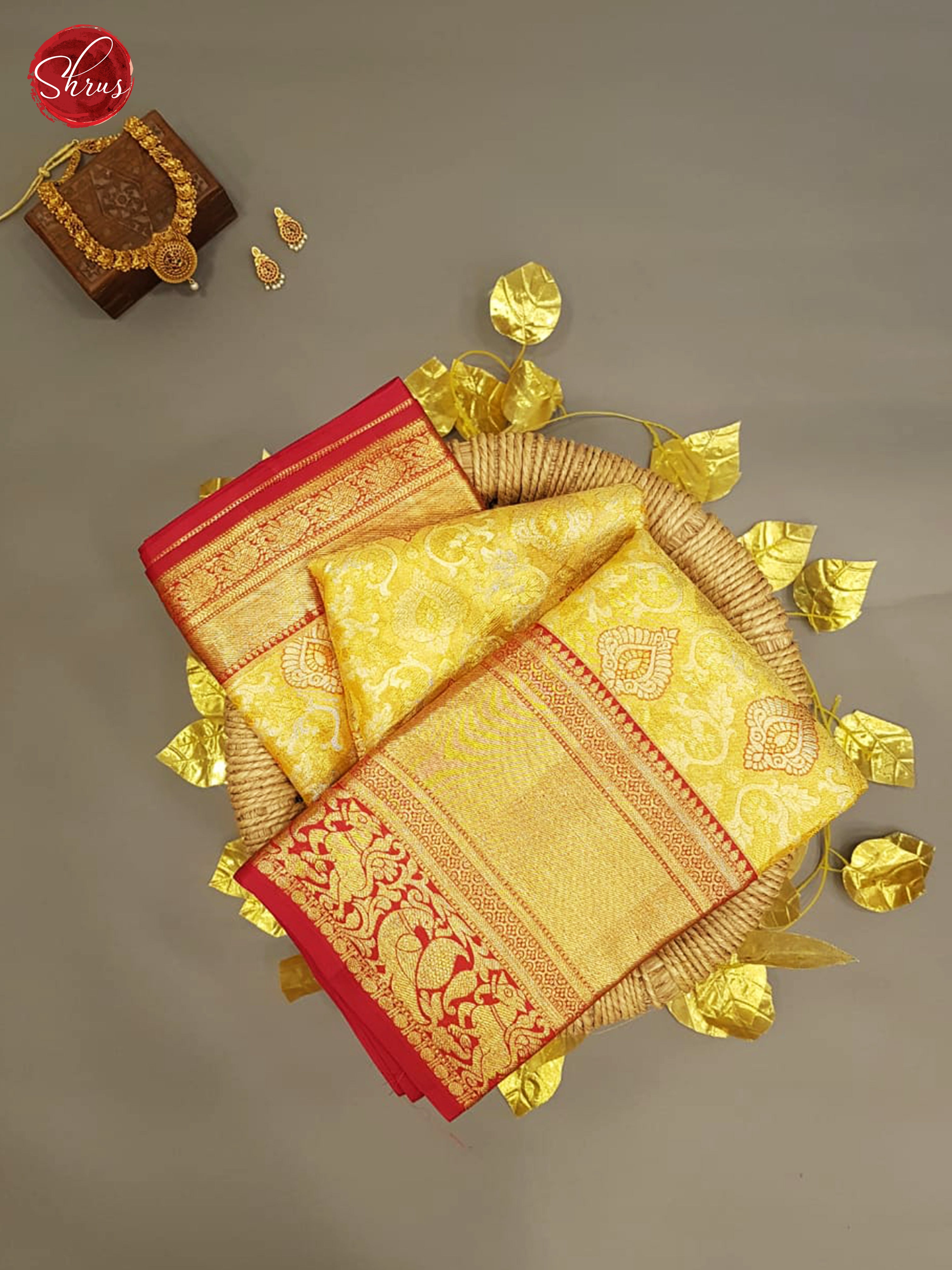 Golden Yellow & Red - Kanchipuram Silk with Border & Gold Zari - Shop on ShrusEternity.com