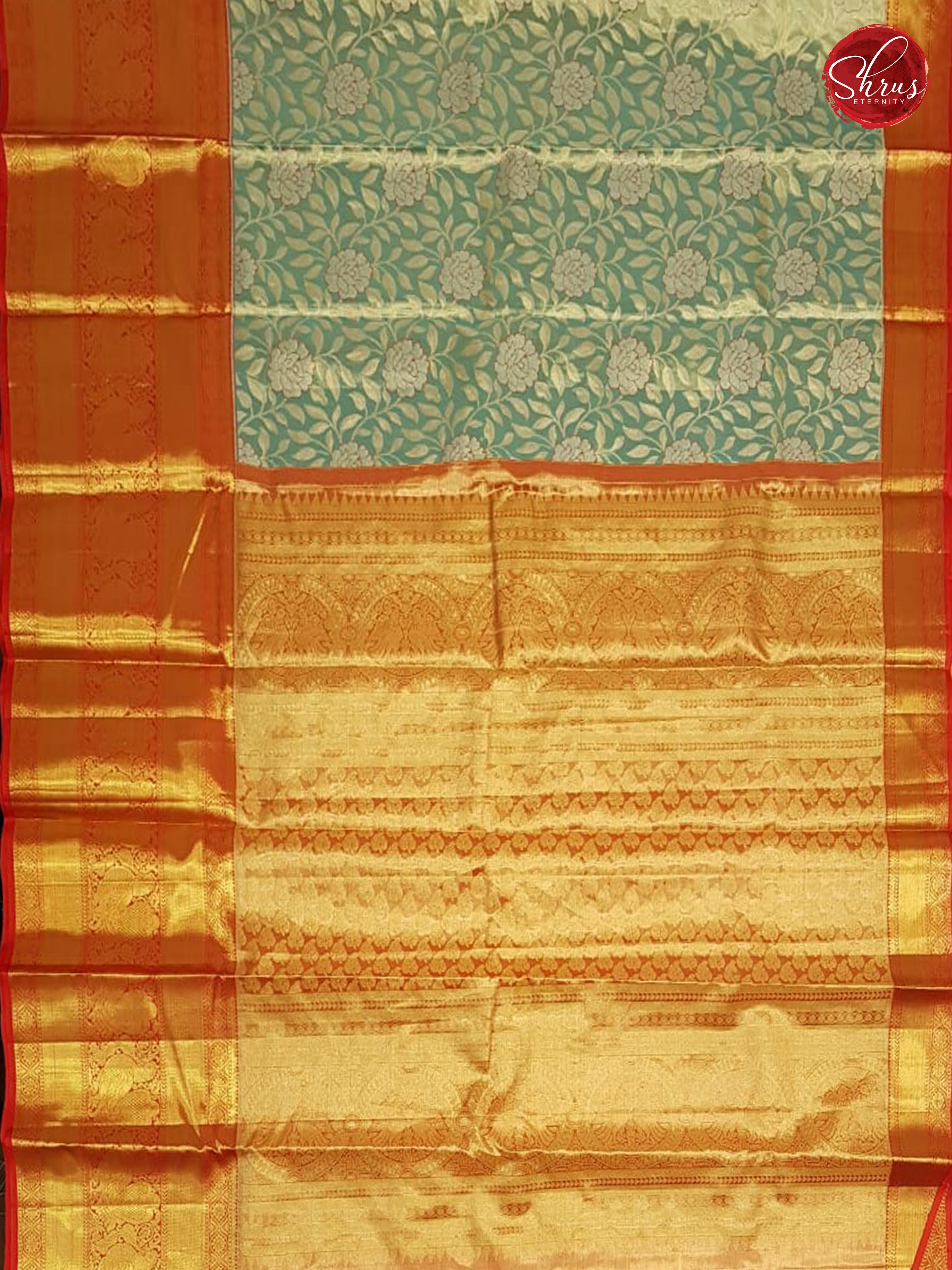 Subtle Bluish Green & Red - Kanchipuram Silk - Shop on ShrusEternity.com