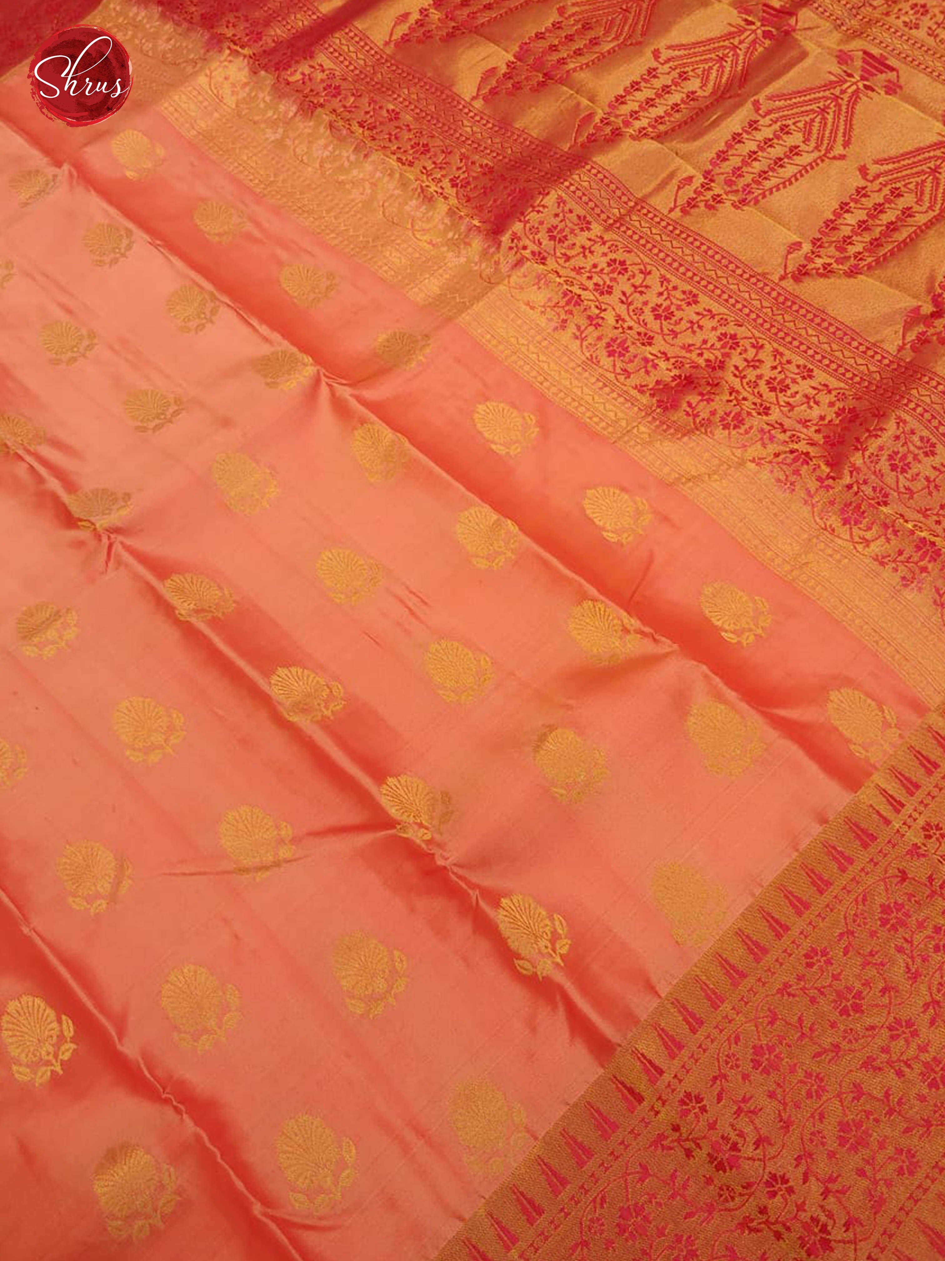 Peach & Pink  - Kanchipuram Silk with Border & Gold Zari - Shop on ShrusEternity.com