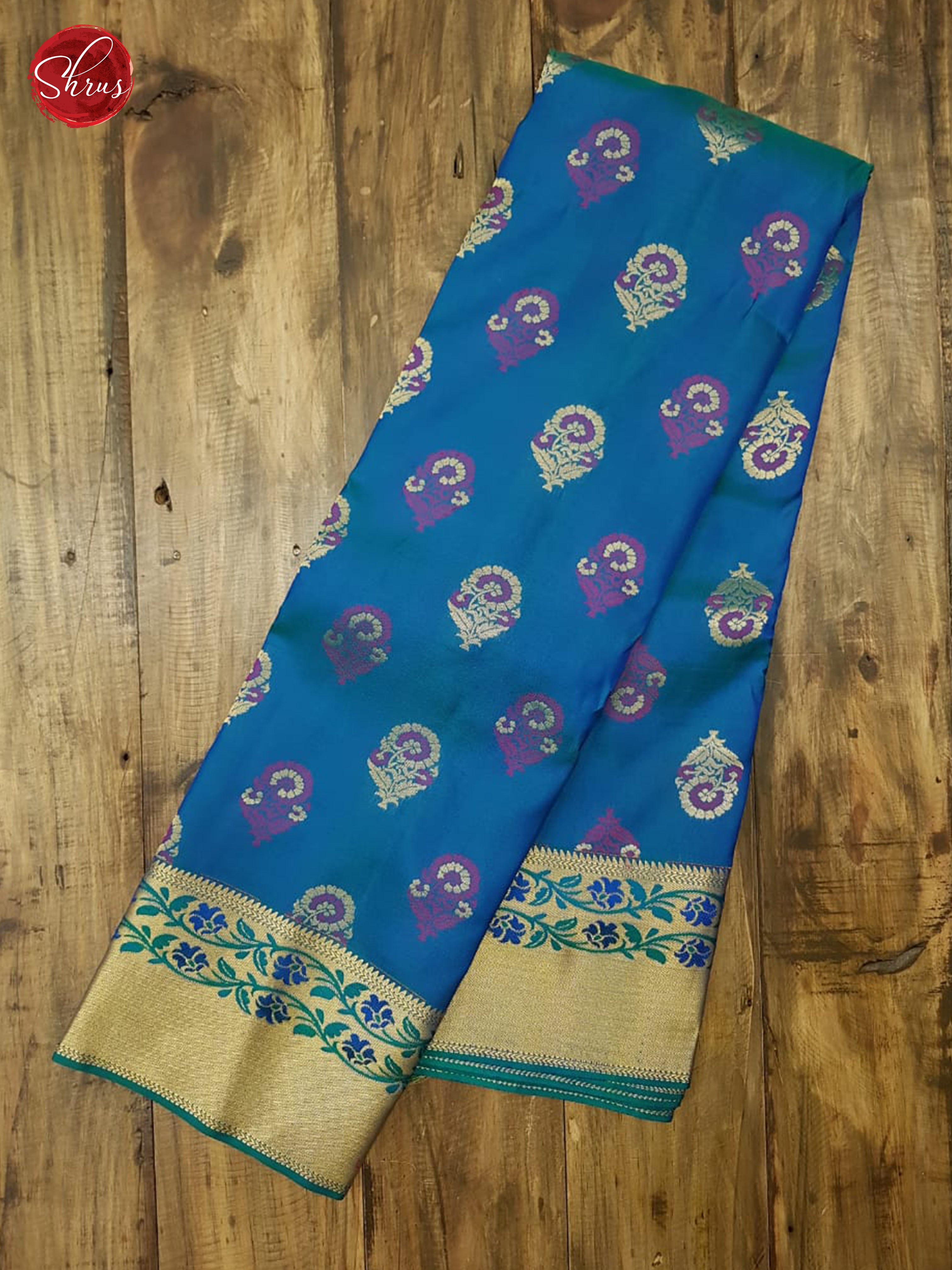 Peacock Blue(Single Tone)- Kanchipuram Silk with Border & Gold zari - Shop on ShrusEternity.com