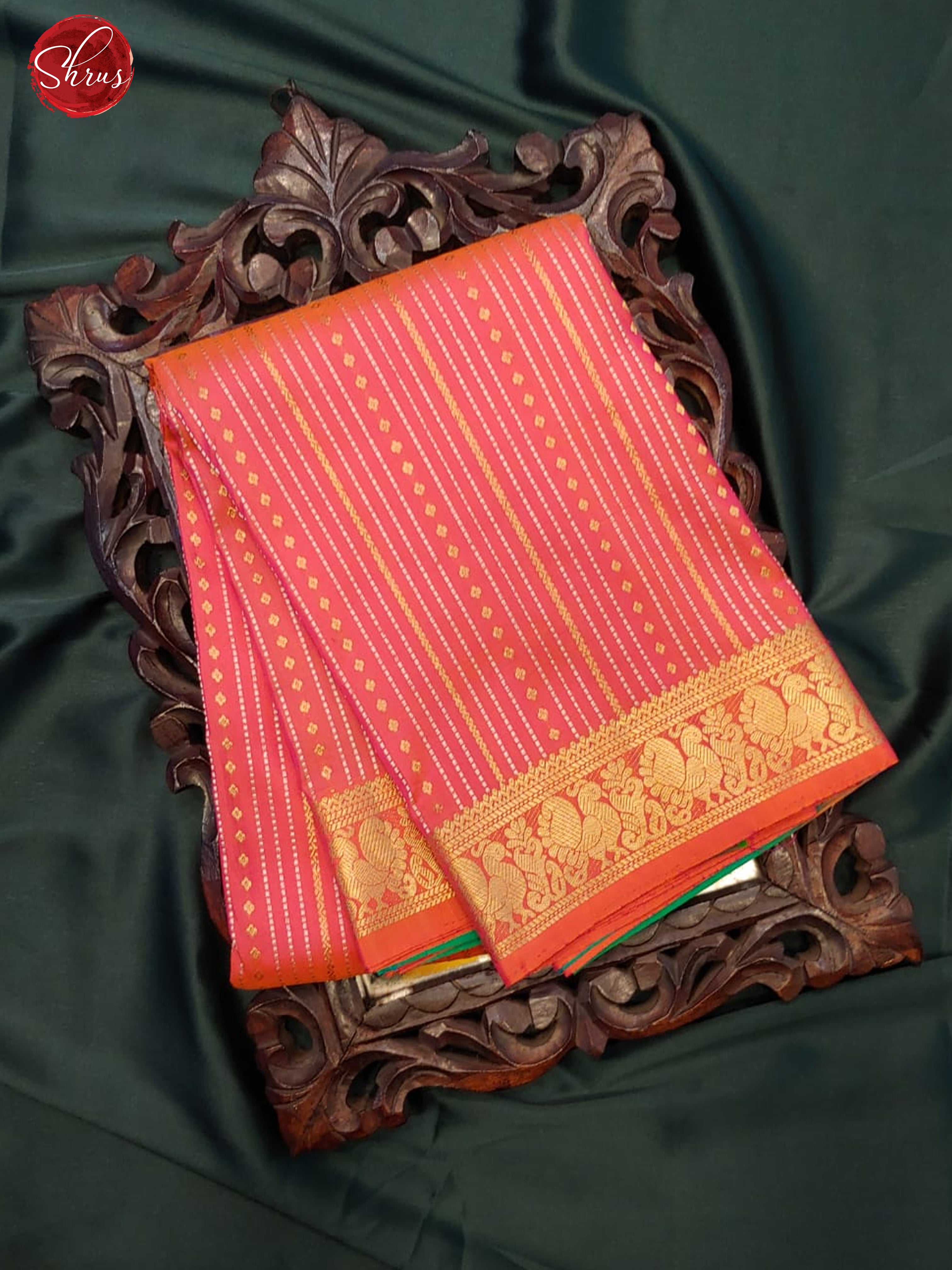 Orangish Pink & Teal Green - Kanchipuram Silk with Border & Gold Zari - Shop on ShrusEternity.com