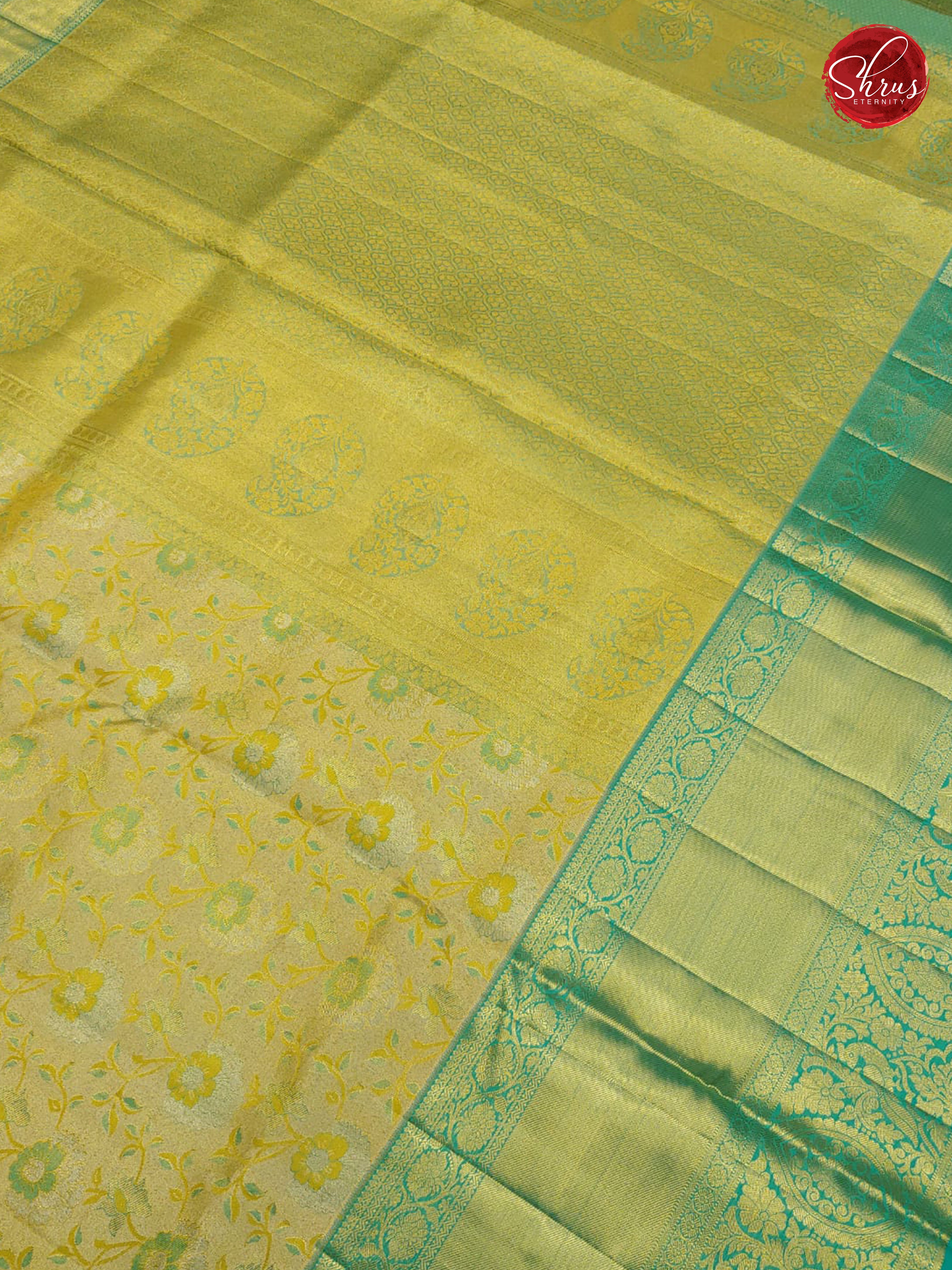 Goldish Green & Teal - Kanchipuram Silk - Shop on ShrusEternity.com