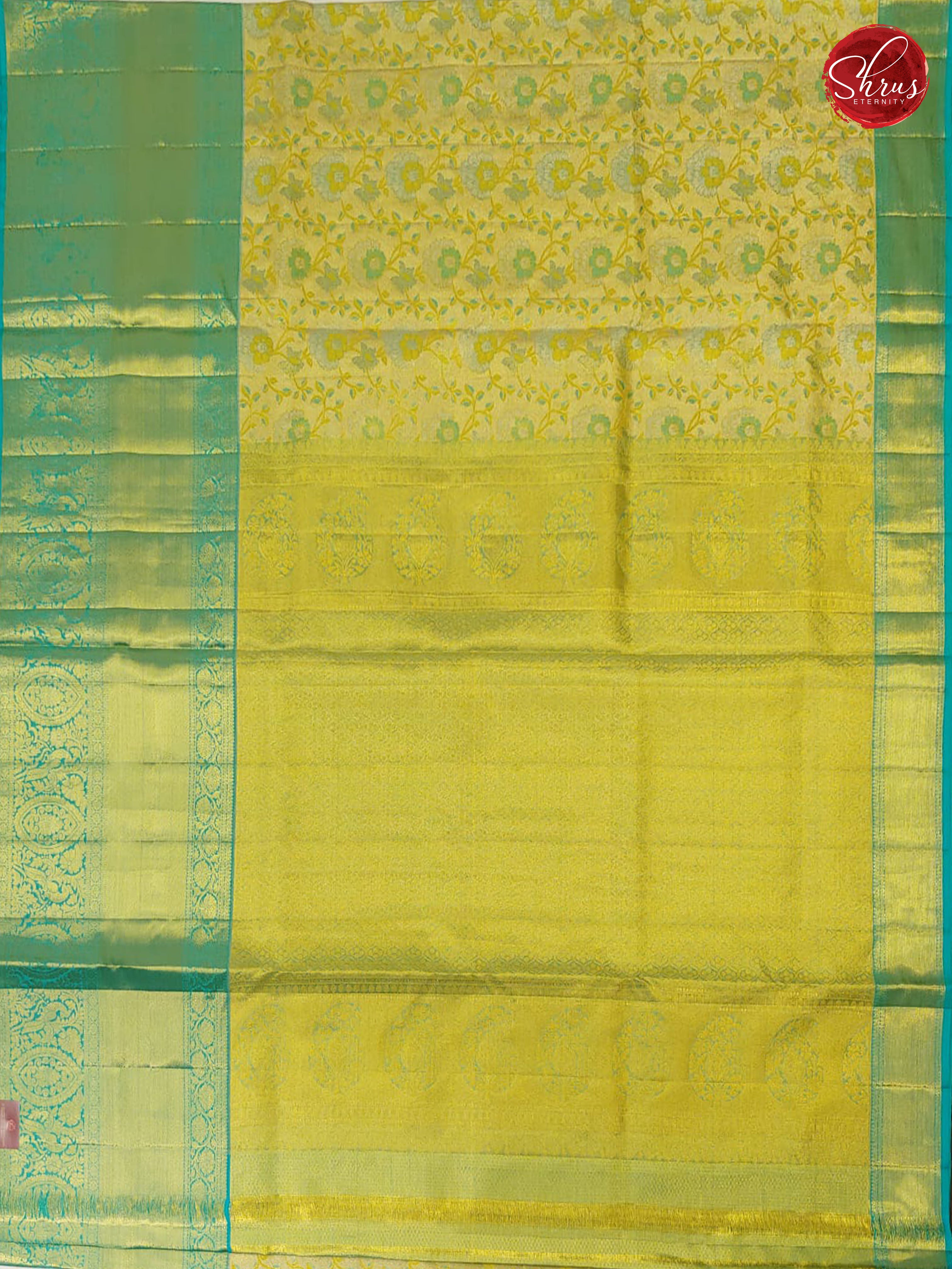 Goldish Green & Teal - Kanchipuram Silk - Shop on ShrusEternity.com