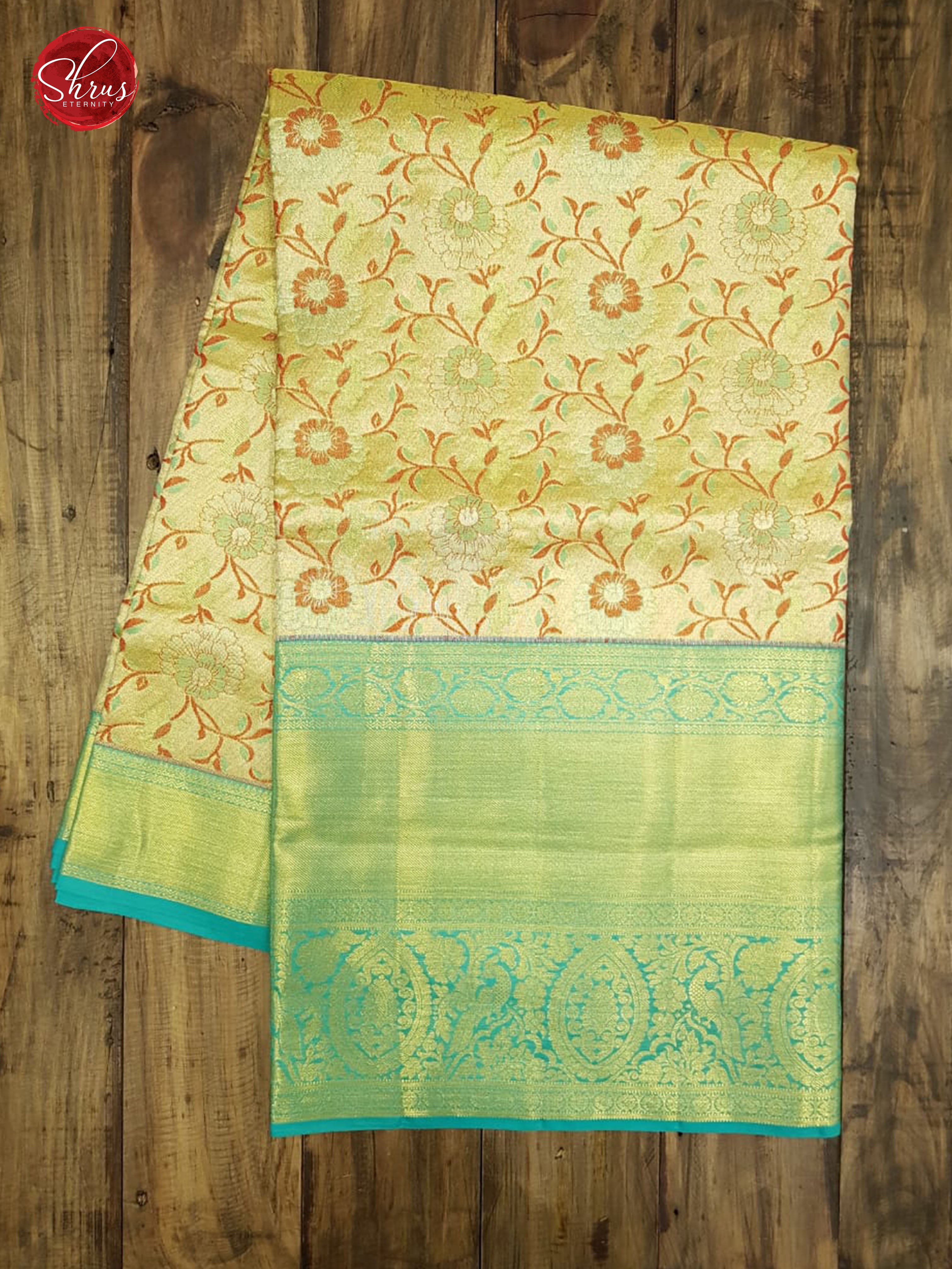 Gold & Teal - Kanchipuram Silk with Border & Gold Zari - Shop on ShrusEternity.com