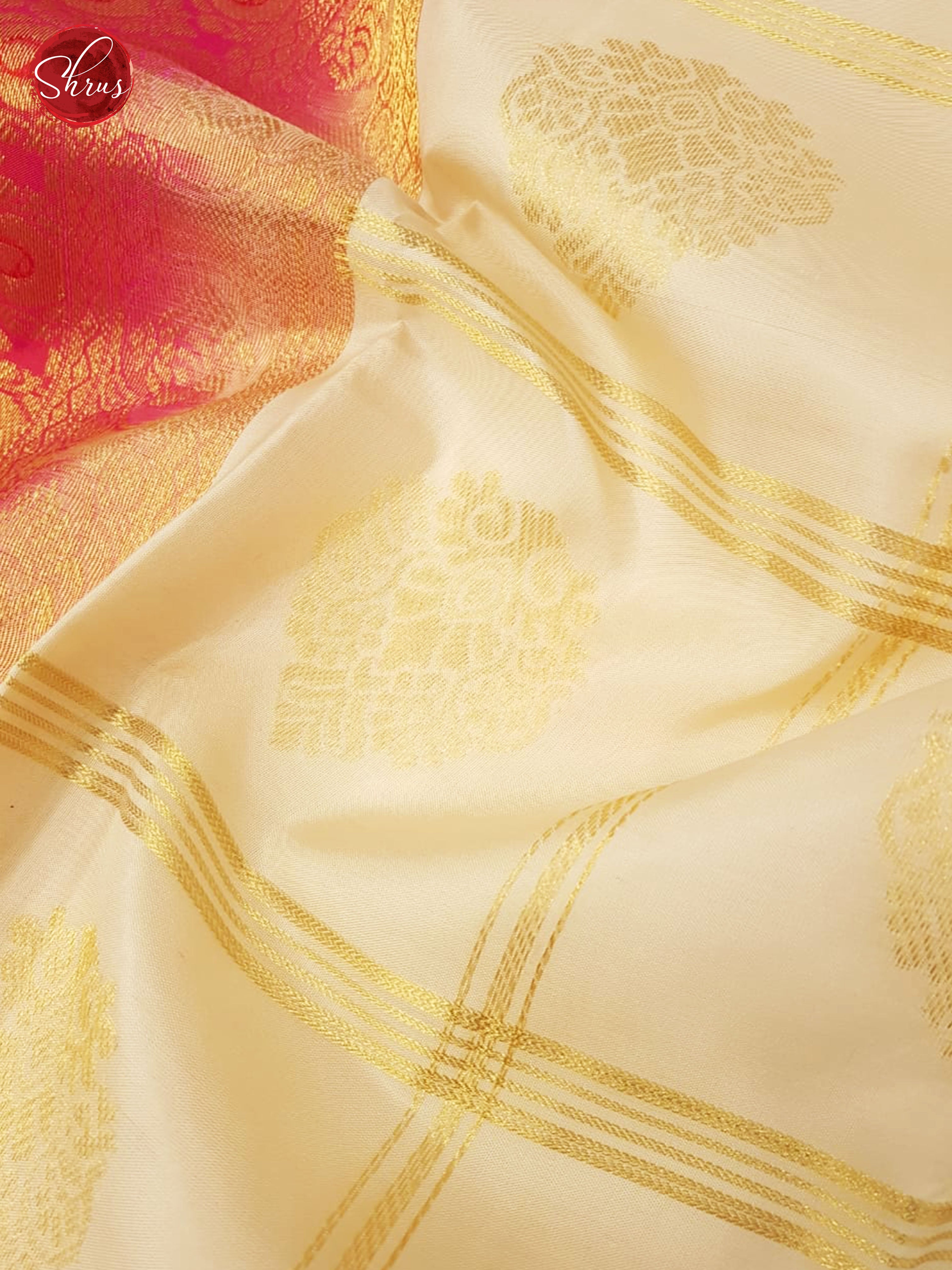 Cream & Pink - Kanchipuram Silk with Border & Gold Zari - Shop on ShrusEternity.com