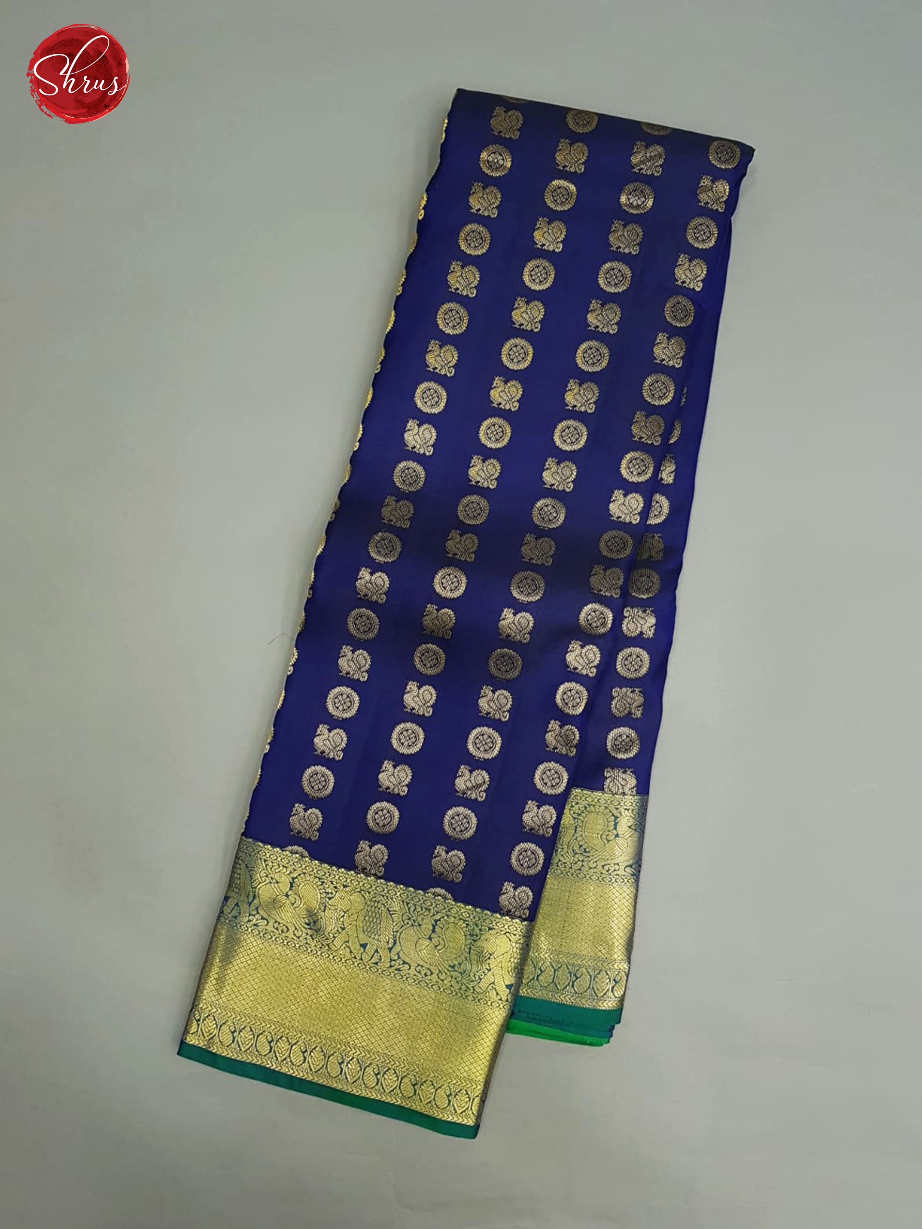 Blue & Green - Kanchipuram Silk with Gold Zari floral buttas & Contrast Gold Zari Border - Shop on ShrusEternity.com