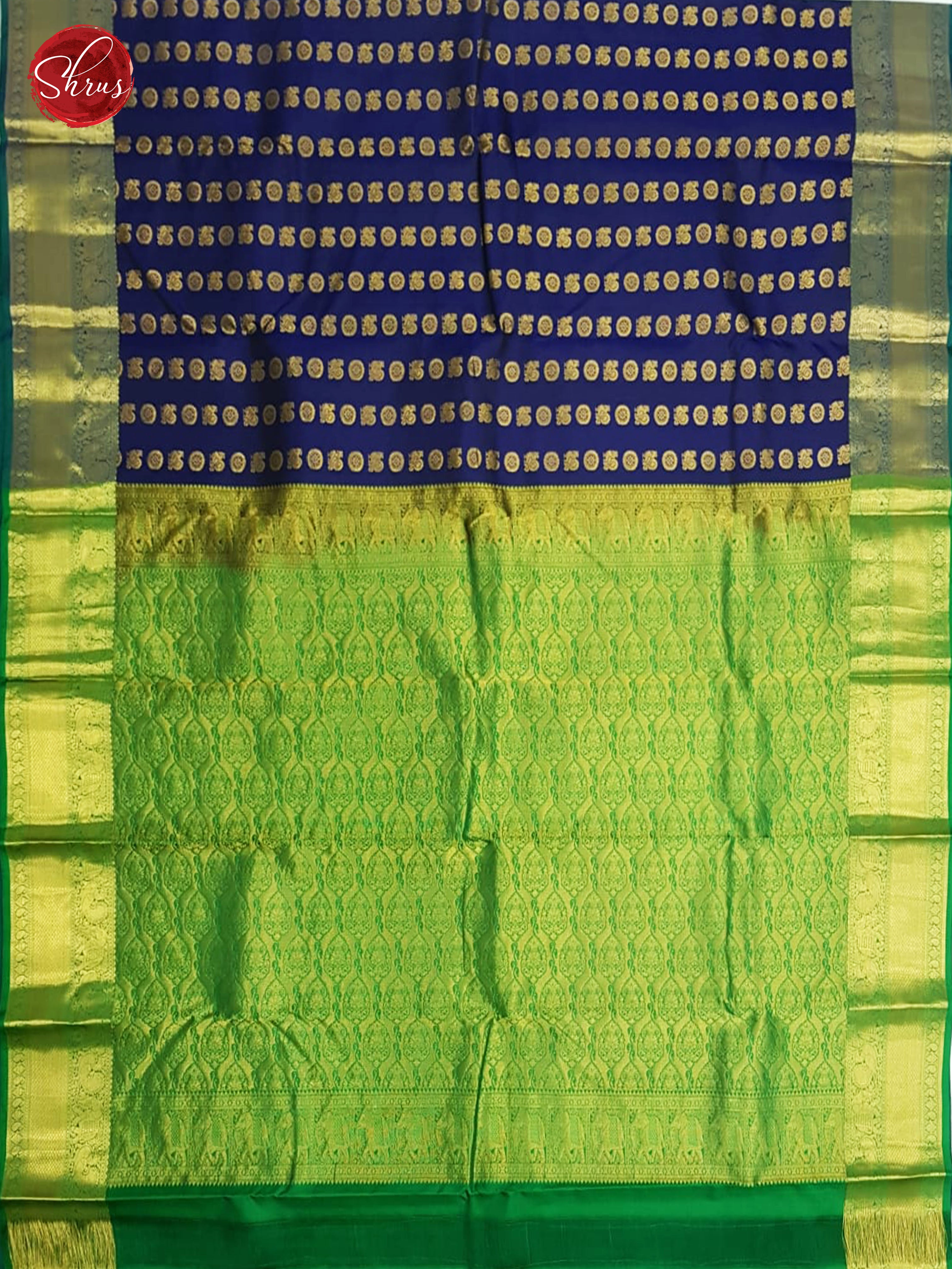 Blue & Green - Kanchipuram Silk with Gold Zari floral buttas & Contrast Gold Zari Border - Shop on ShrusEternity.com