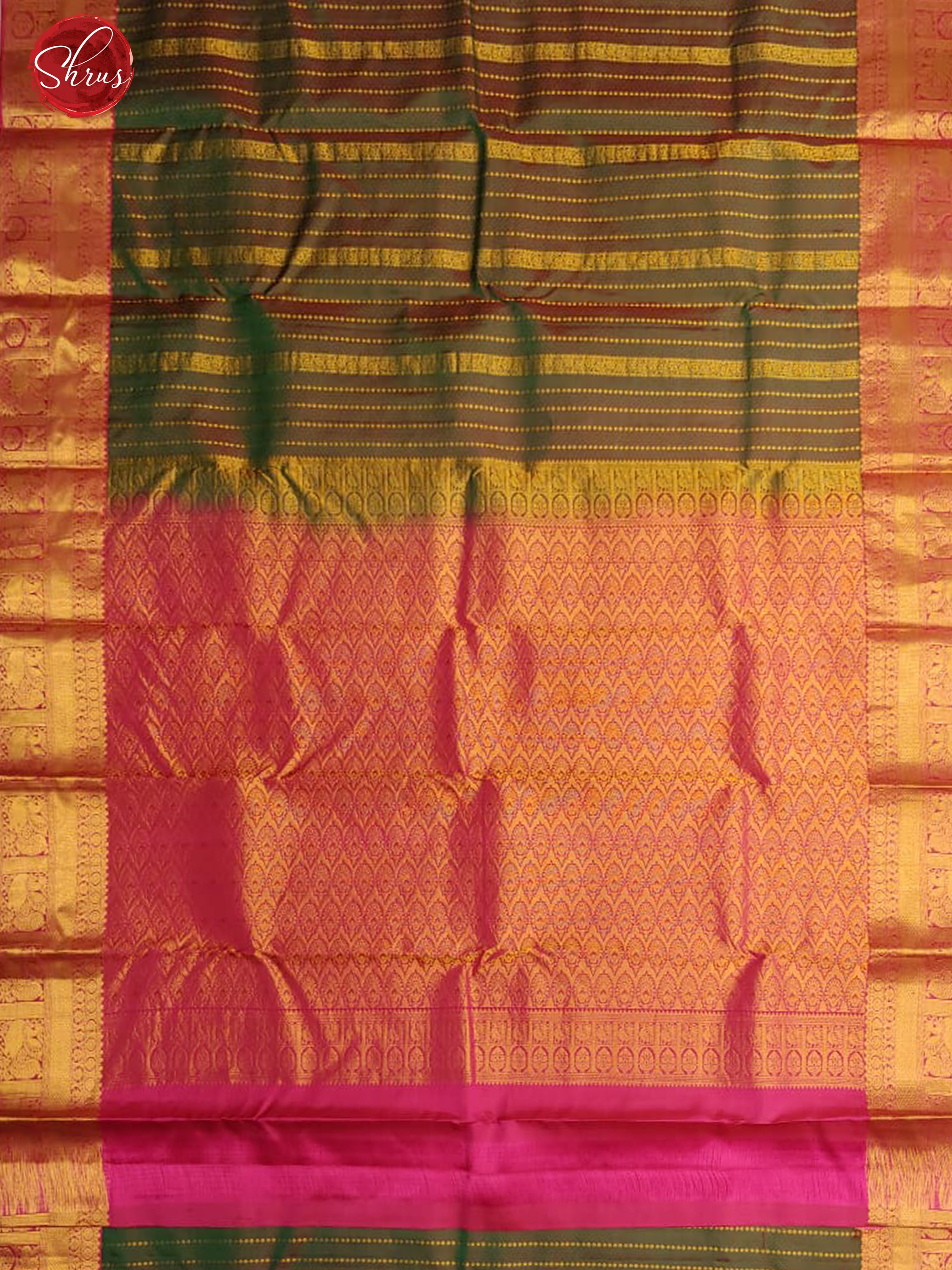 Green & Pink - Kanchipuram Silk with Zari stripes on the body & Gold Zari Border - Shop on ShrusEternity.com