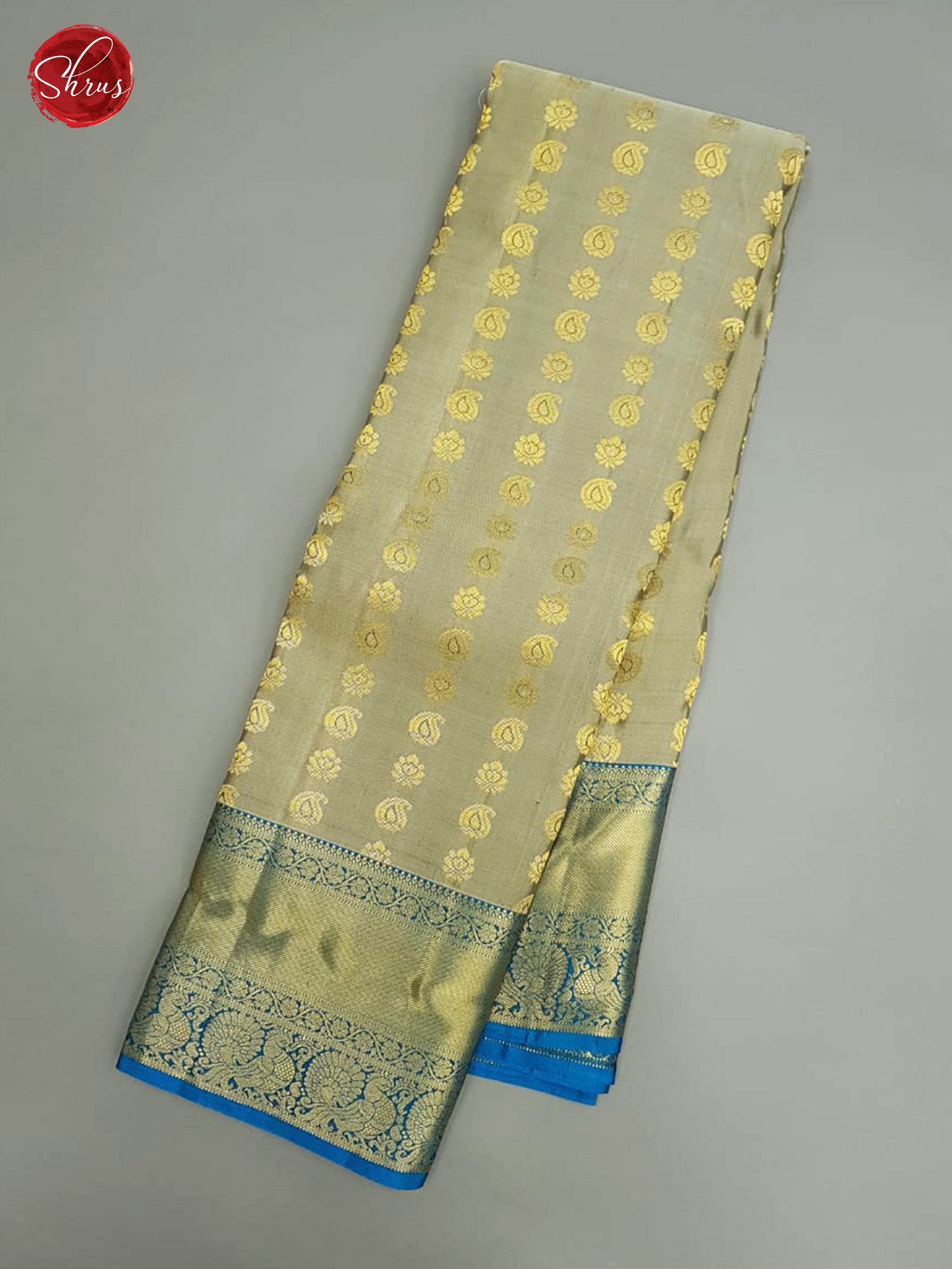 Grey & Blue- Kanchipuram Silk with Border & Gold zari - Shop on ShrusEternity.com