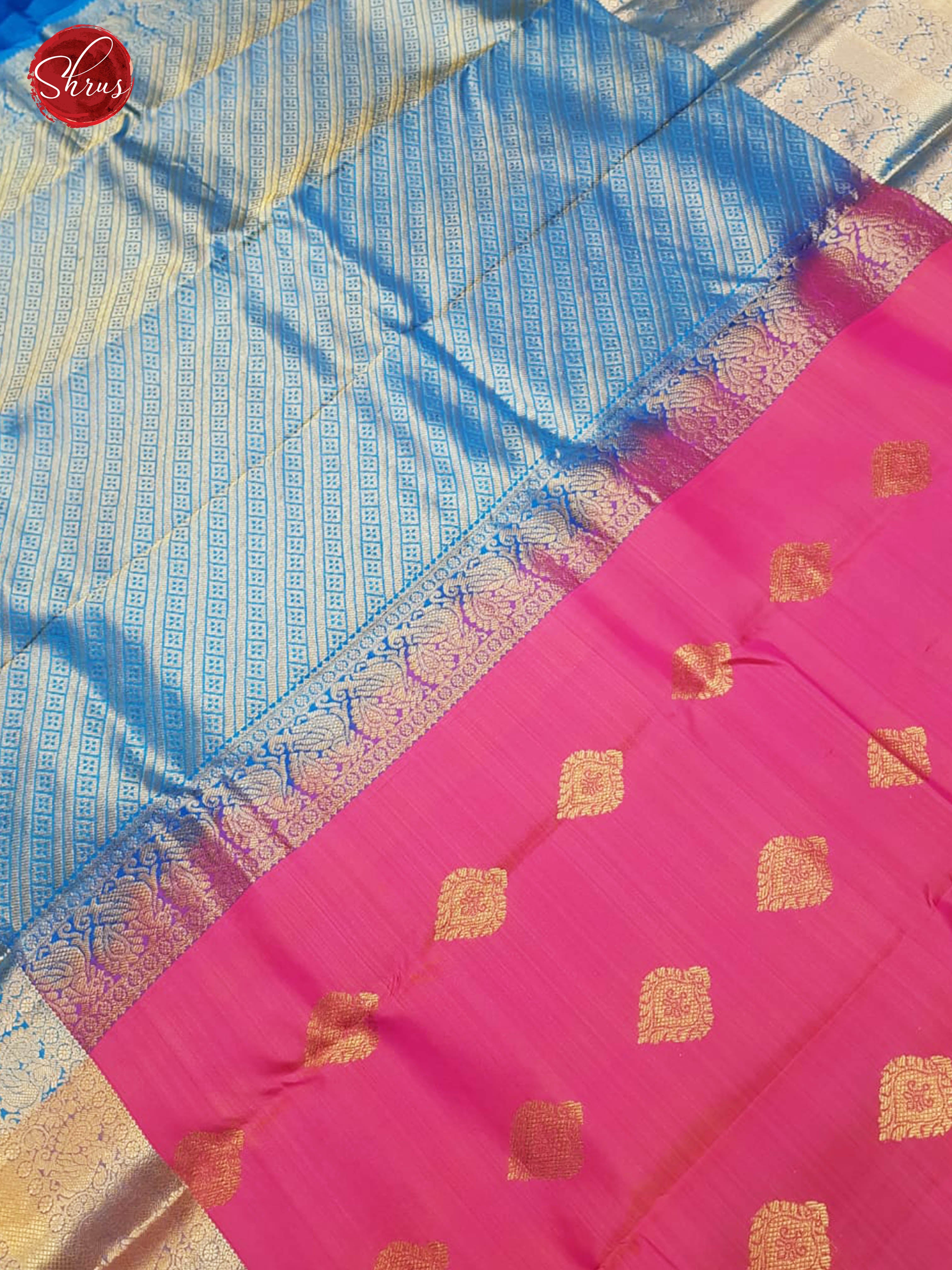 Pink & Blue - Kanchipuram Silk with zari woven floral motifs on the body & Contrast Zari border - Shop on ShrusEternity.com