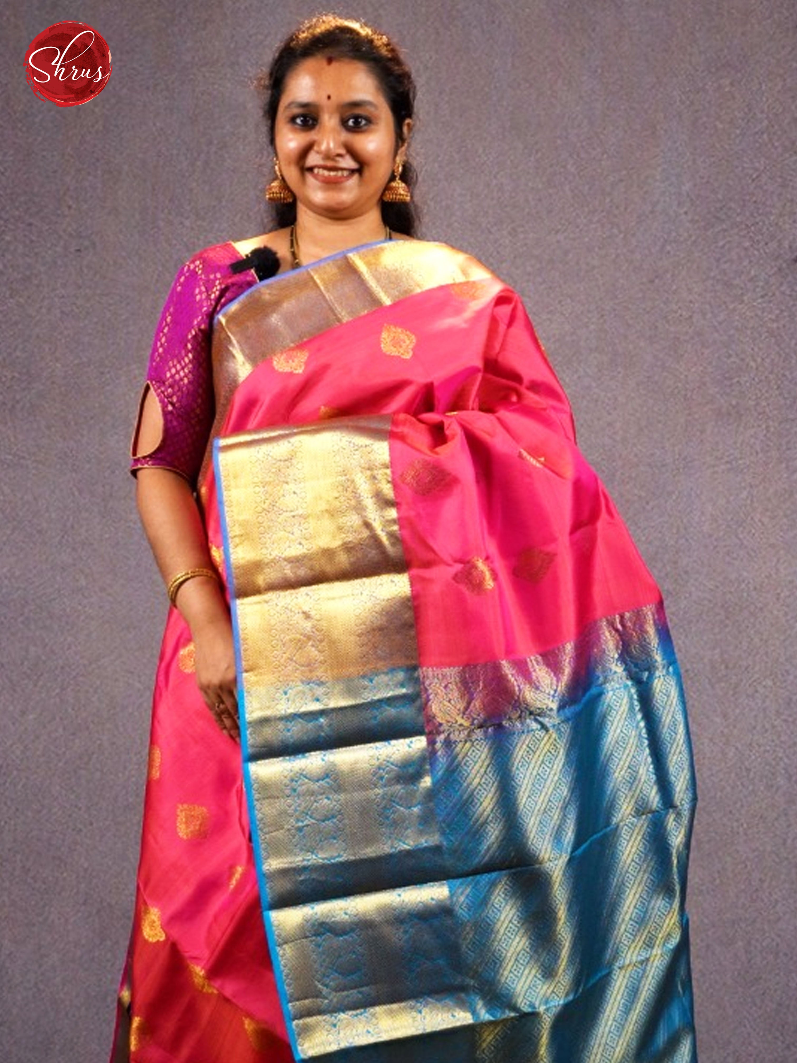 Pink & Blue - Kanchipuram Silk with zari woven floral motifs on the body & Contrast Zari border - Shop on ShrusEternity.com