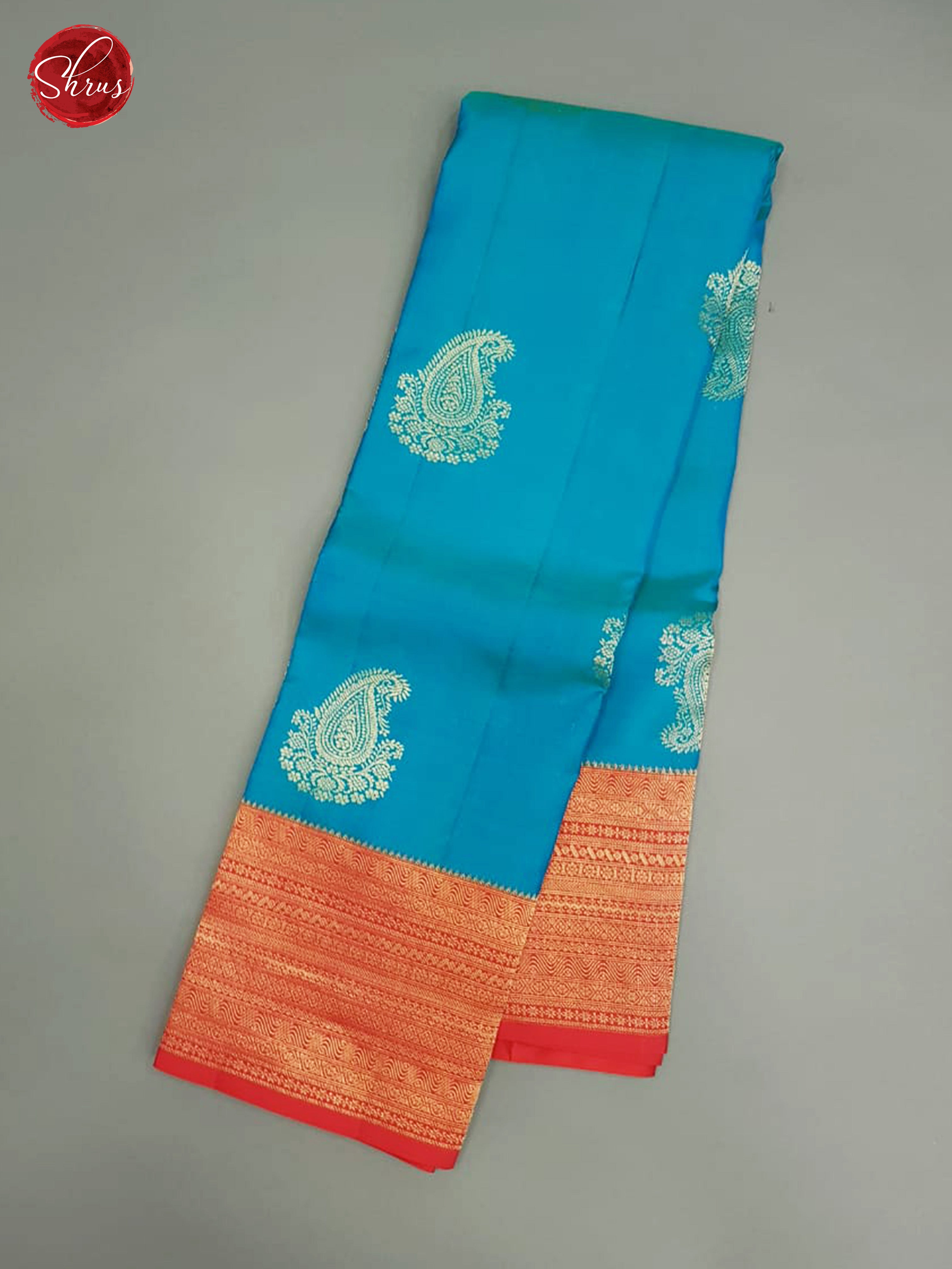 Peacock Blue & Red - Kanchipuram Silk with Border & Gold Zari - Shop on ShrusEternity.com