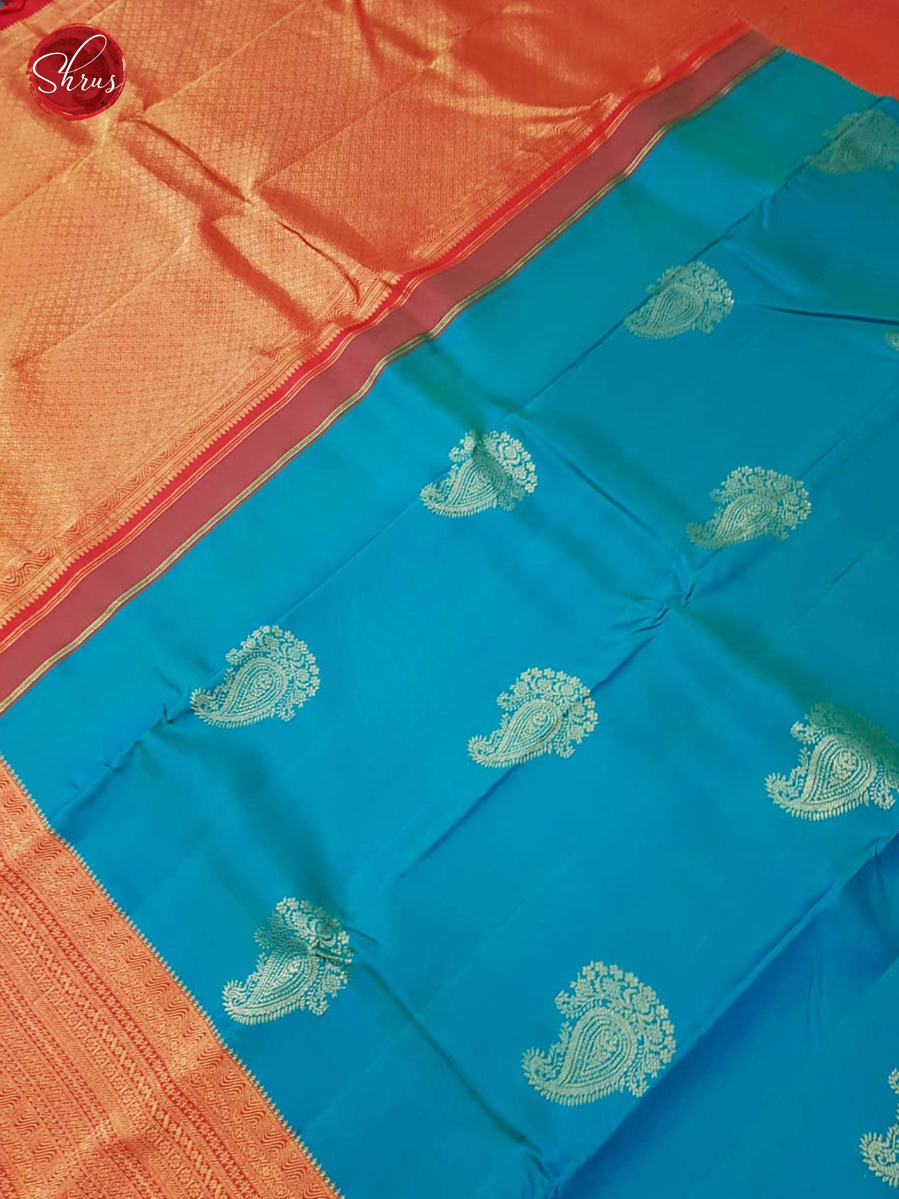 Peacock Blue & Red - Kanchipuram Silk with Border & Gold Zari - Shop on ShrusEternity.com