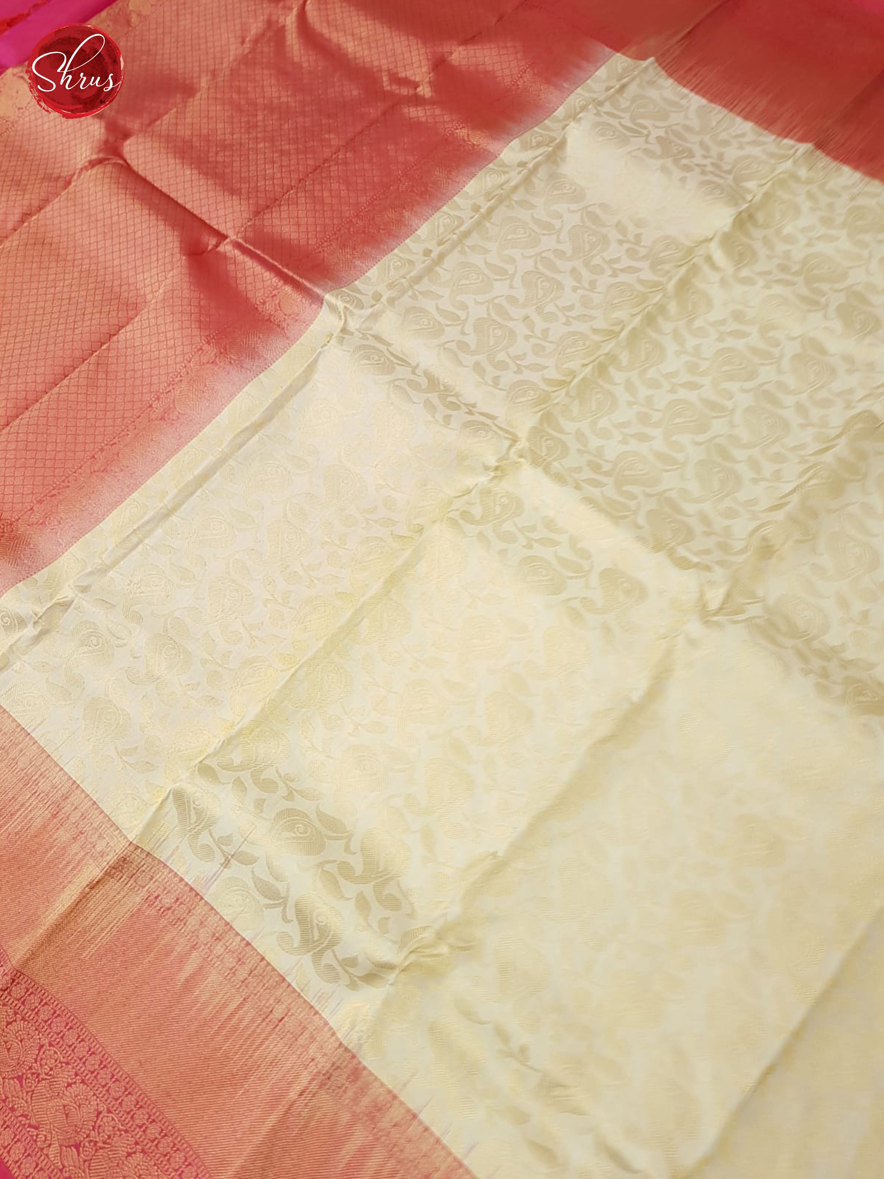 Cream & Pink - Kanchipuram Silk with Border & Gold zari - Shop on ShrusEternity.com