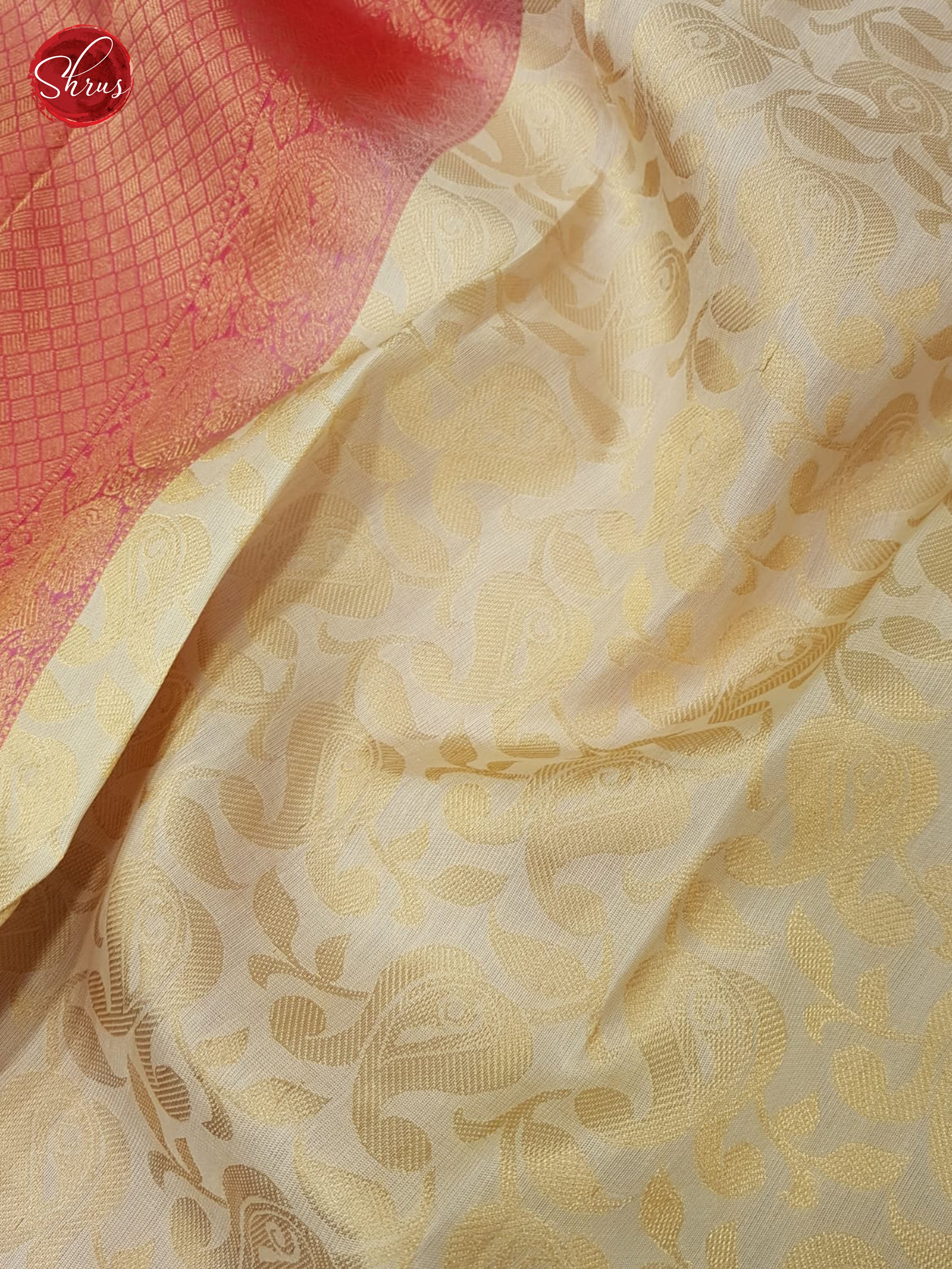 Cream & Pink - Kanchipuram Silk with Border & Gold zari - Shop on ShrusEternity.com
