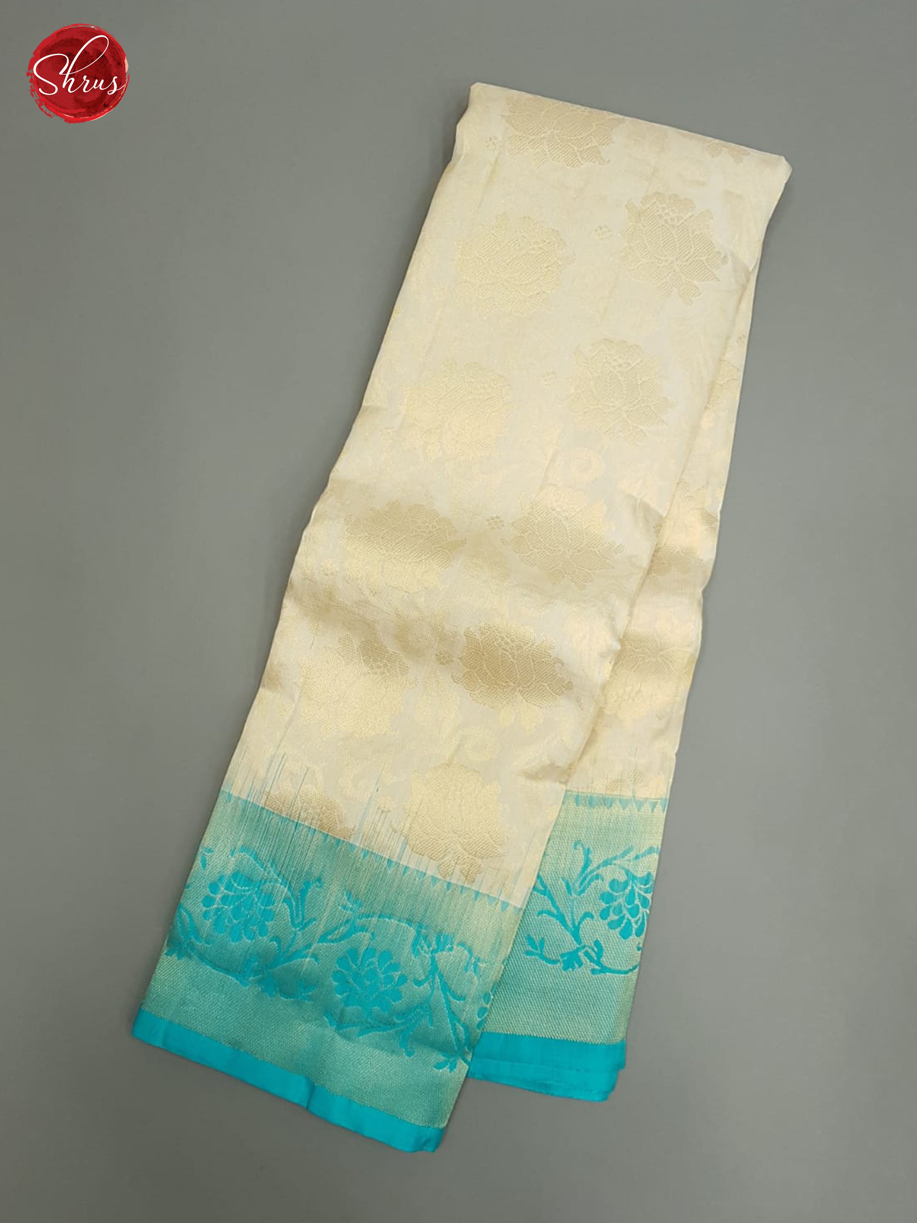 Cream & Blue - Kanchipuram Silk with Border & Gold zari - Shop on ShrusEternity.com