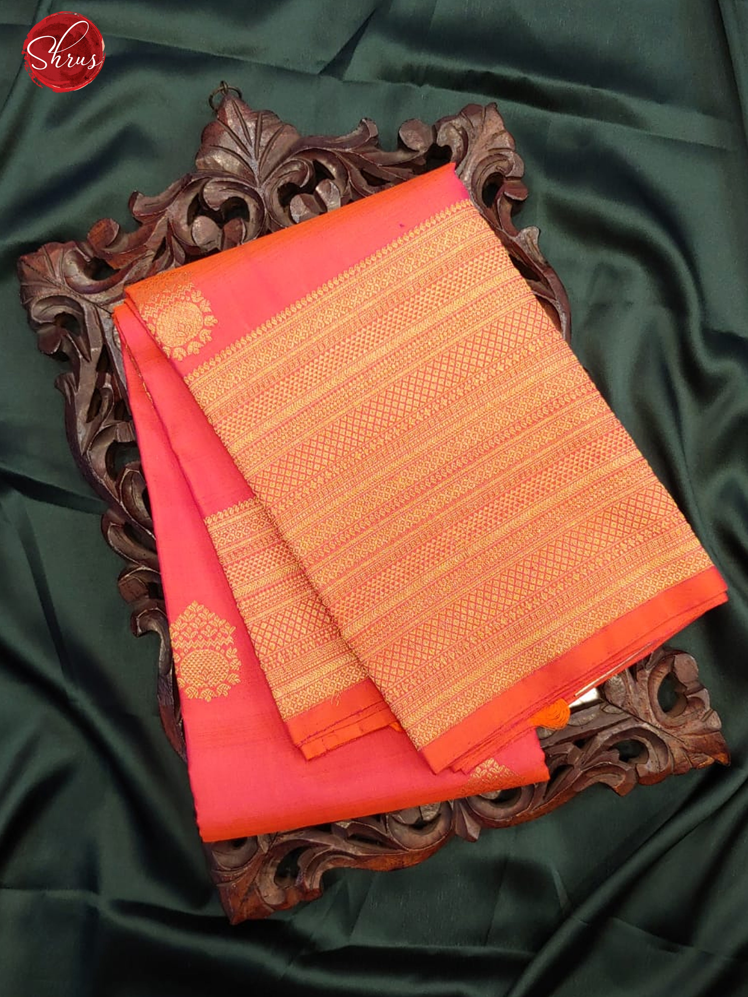 Orangish Pink(Single Tone) -  Kanchipuram Silk with Border & Gold zari - Shop on ShrusEternity.com