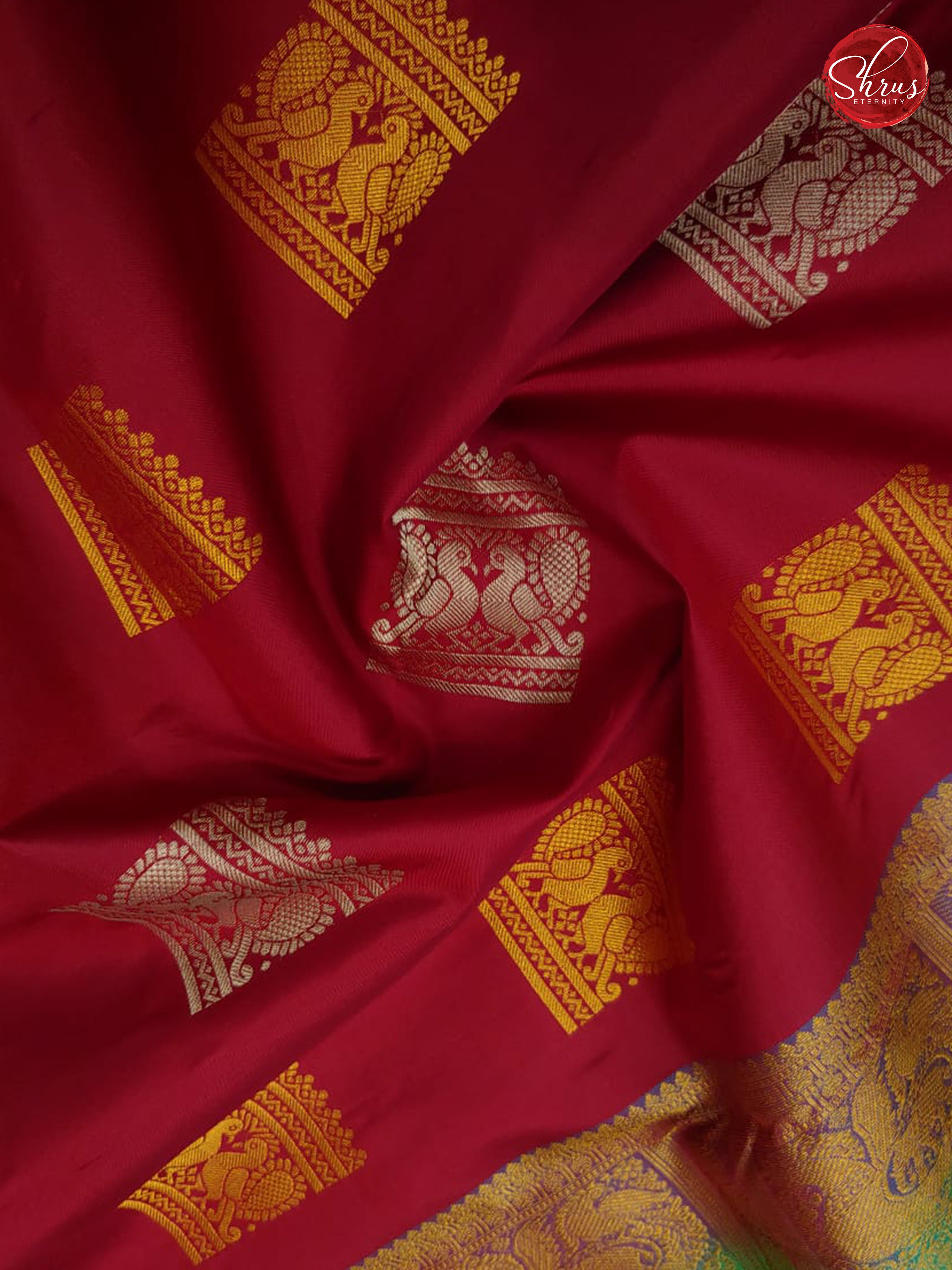 Pinkish Red & Teal - Kanchipuram Silk - Shop on ShrusEternity.com