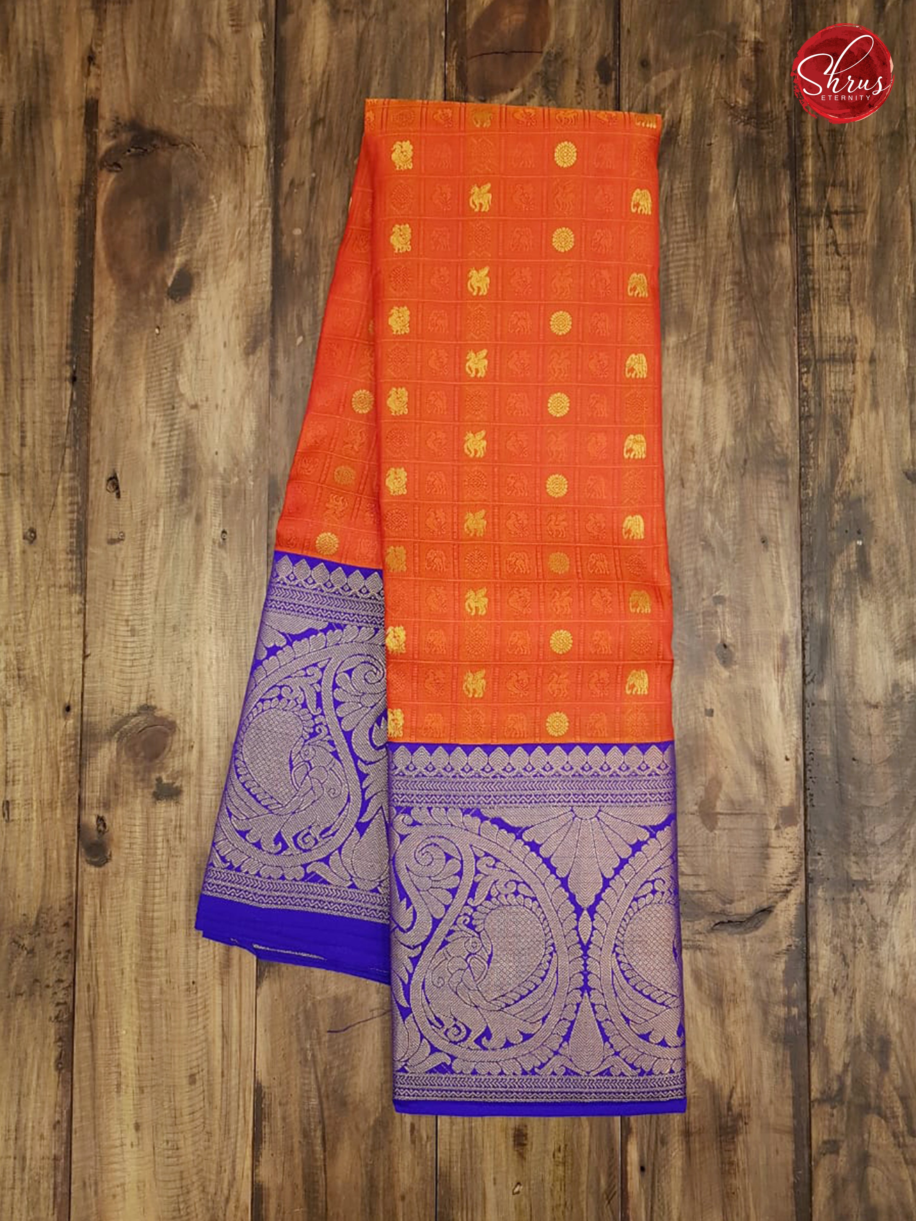 Brick Orange & Blue - Kanchipuram Silk - Shop on ShrusEternity.com