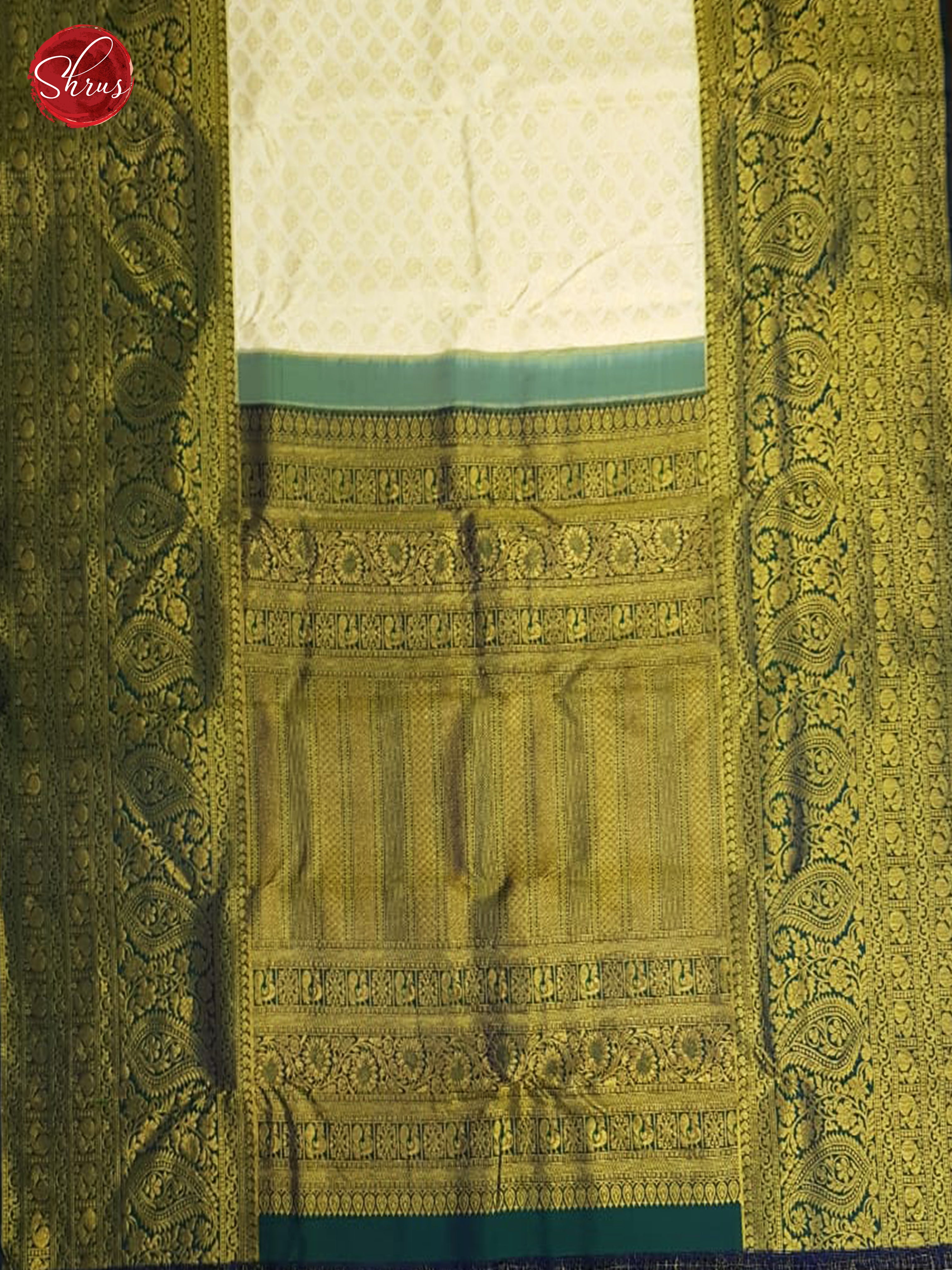 Off White & Green - Kanchipuram Silk with Border & Gold Zari - Shop on ShrusEternity.com