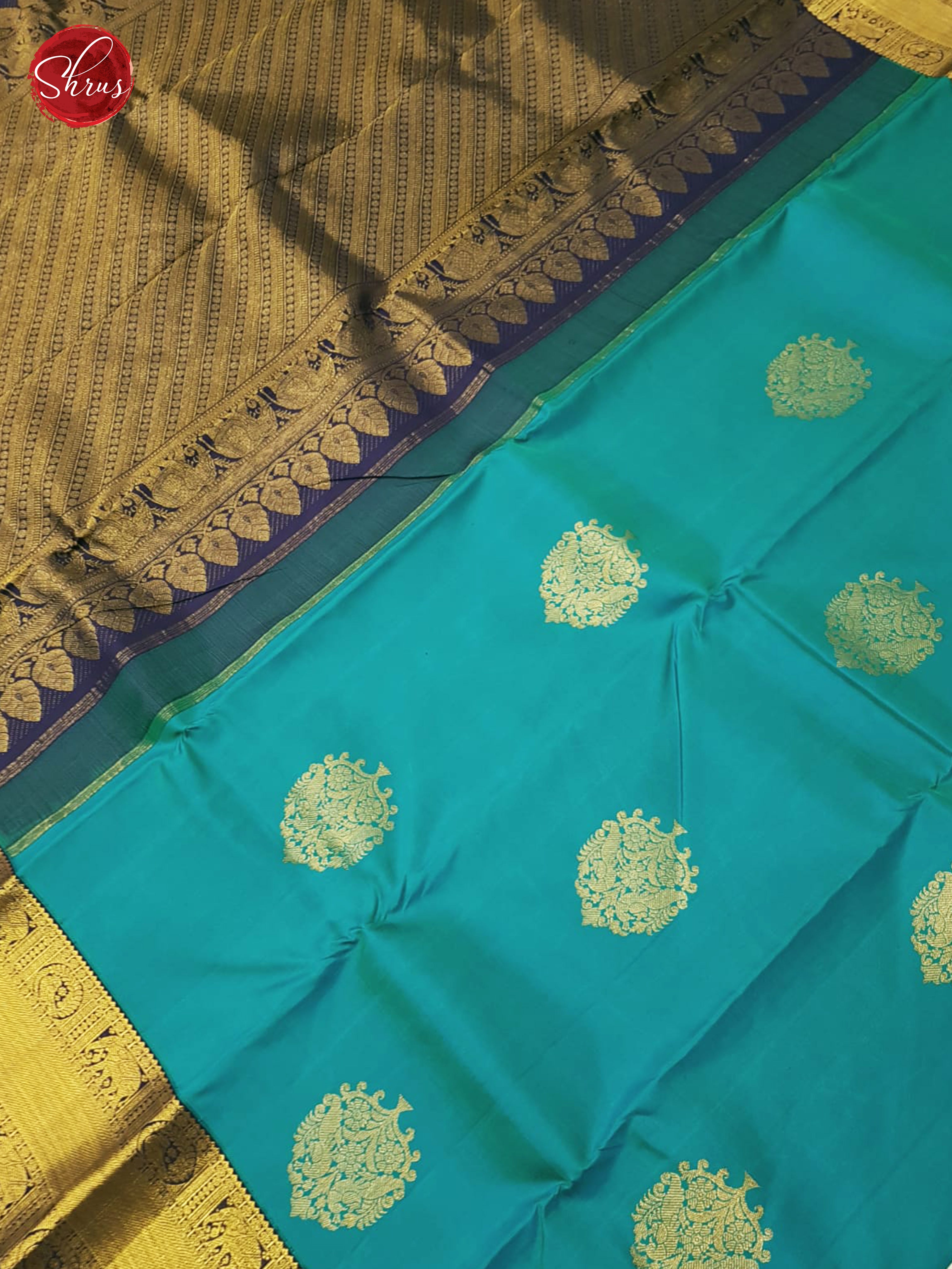Teal Blue & Blue - Kanchipuram Silk with Border & Gold Zari - Shop on ShrusEternity.com