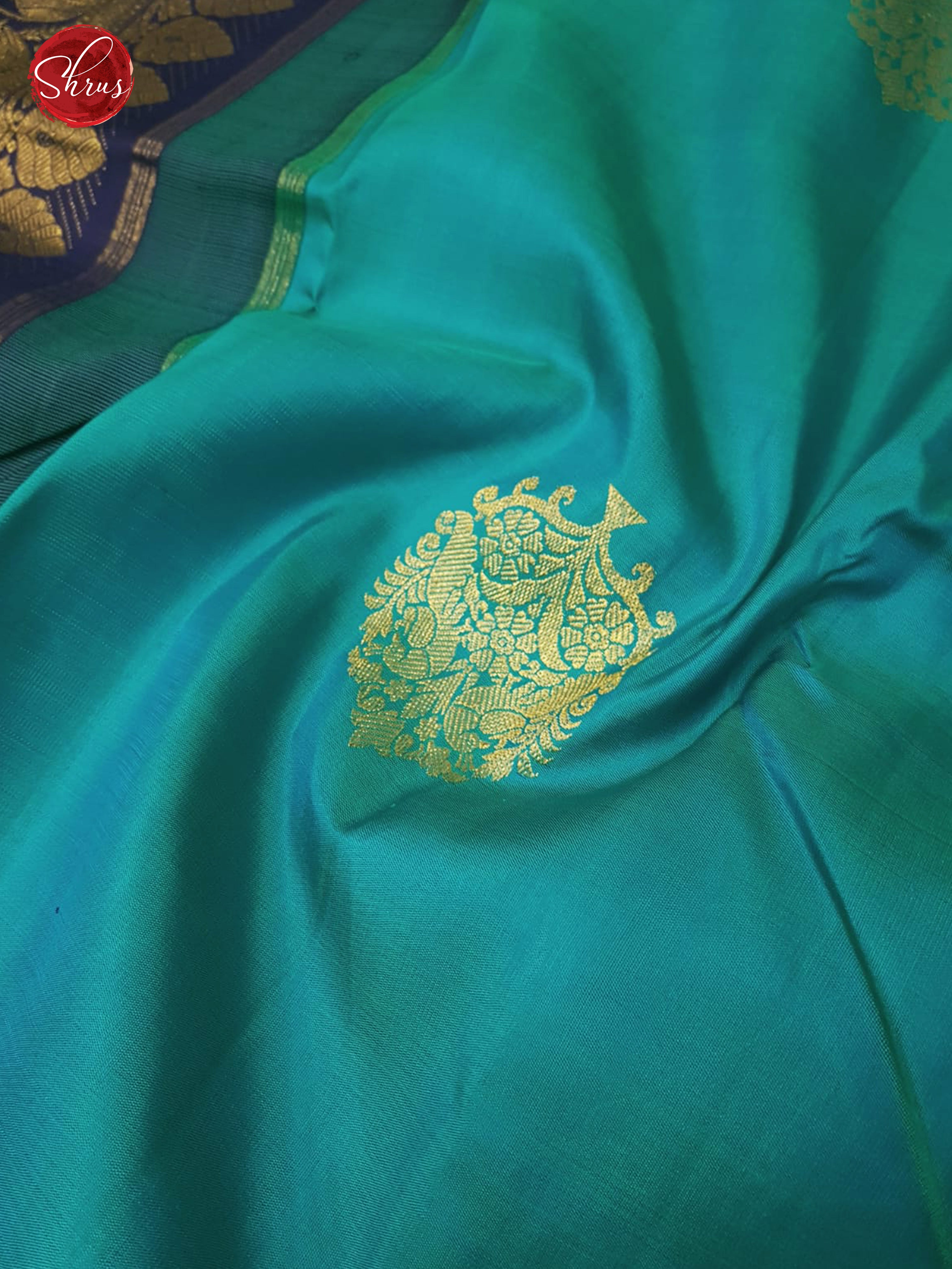Teal Blue & Blue - Kanchipuram Silk with Border & Gold Zari - Shop on ShrusEternity.com