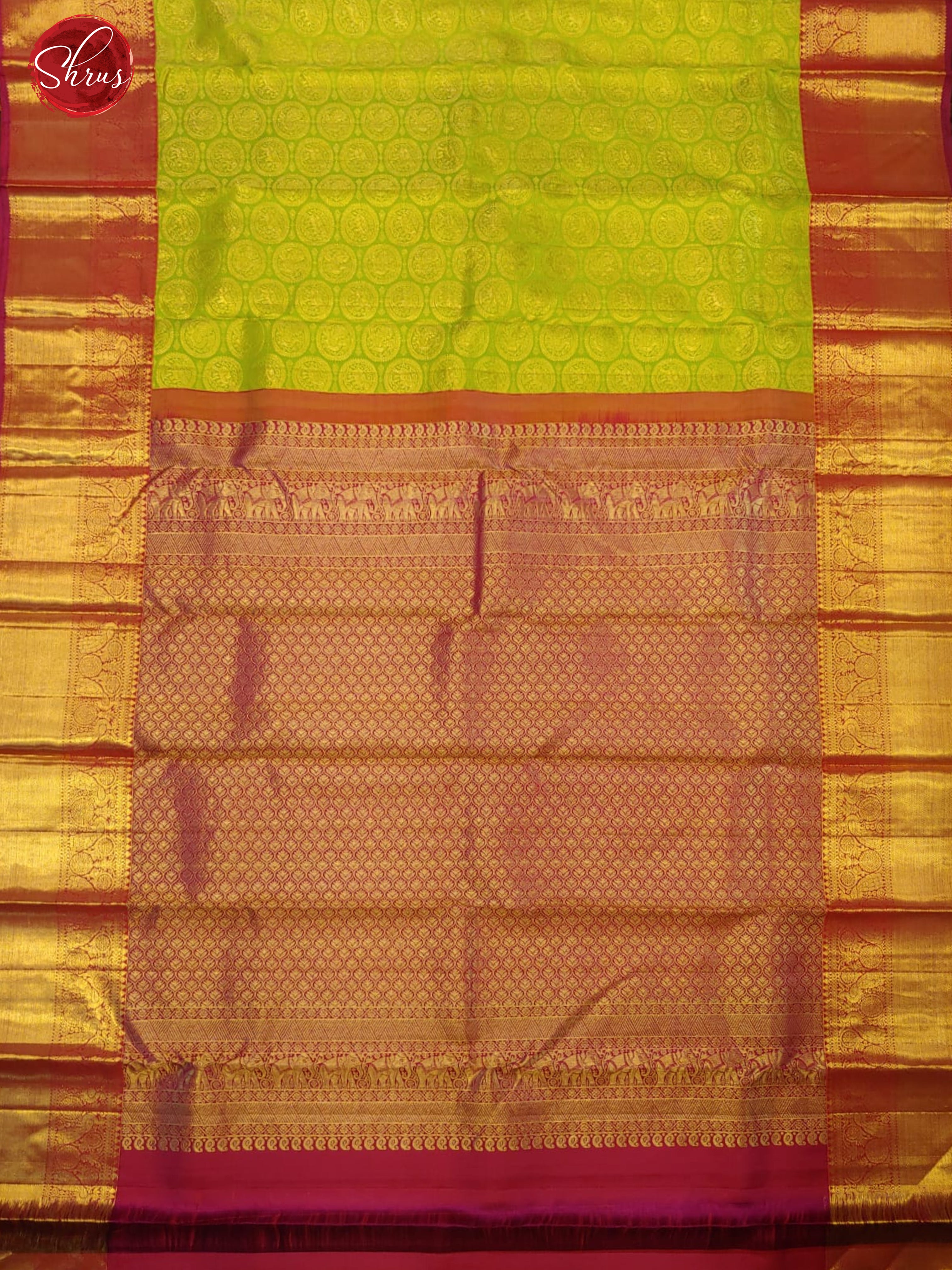 Parrot Green & Majenta - Kanchipuram Silk with zari woven elephant ,peacock motifs on the body & Zari Border - Shop on ShrusEternity.com
