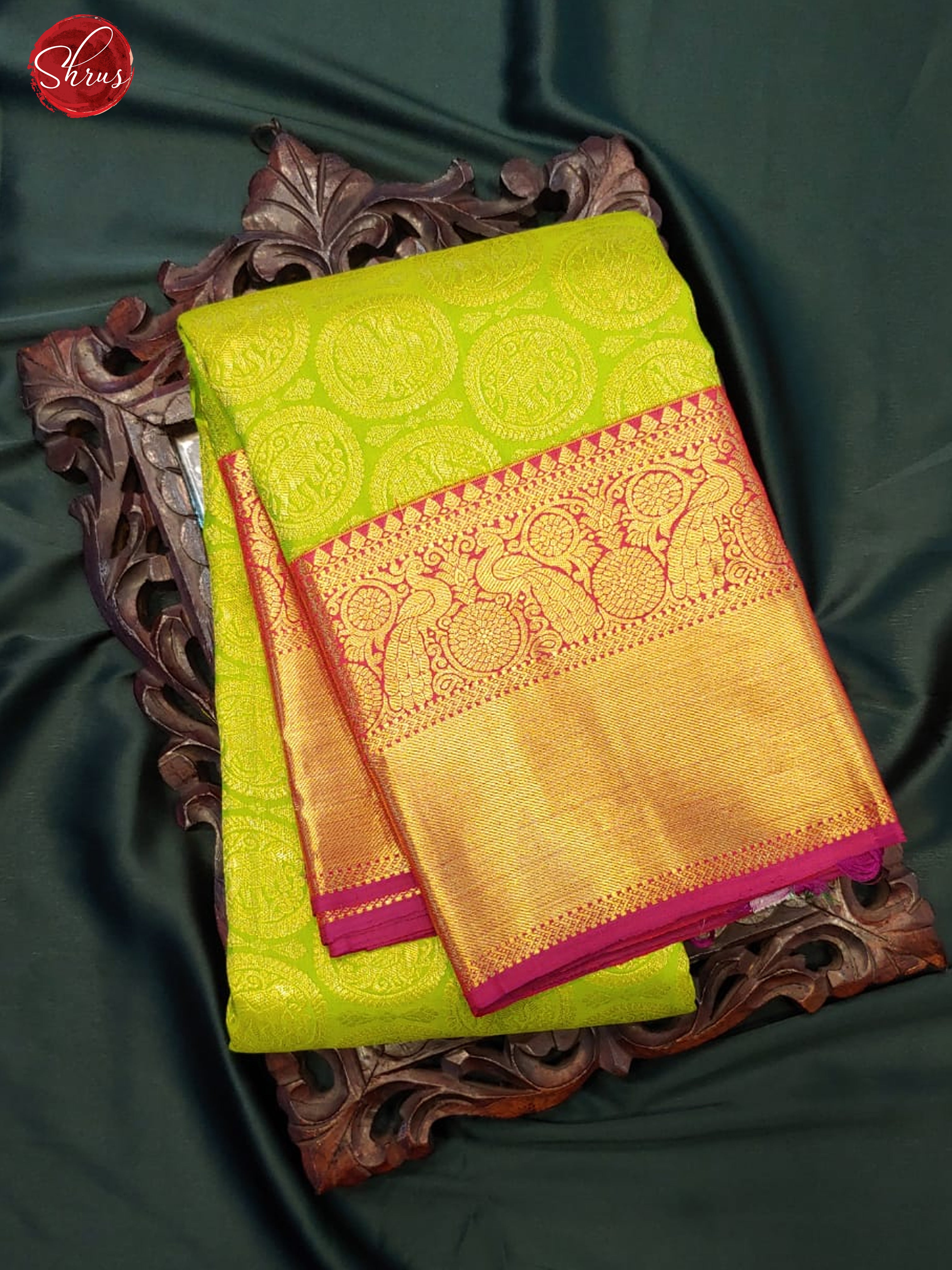 Parrot Green & Majenta - Kanchipuram Silk with zari woven elephant ,peacock motifs on the body & Zari Border - Shop on ShrusEternity.com