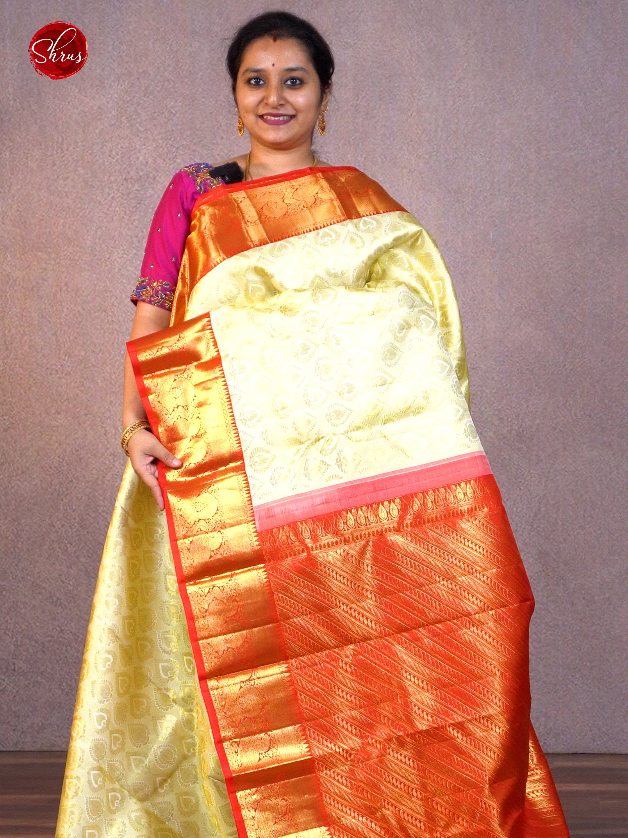 Cream & Red - Kanchipuram Silk with Border & Gold Zari - Shop on ShrusEternity.com