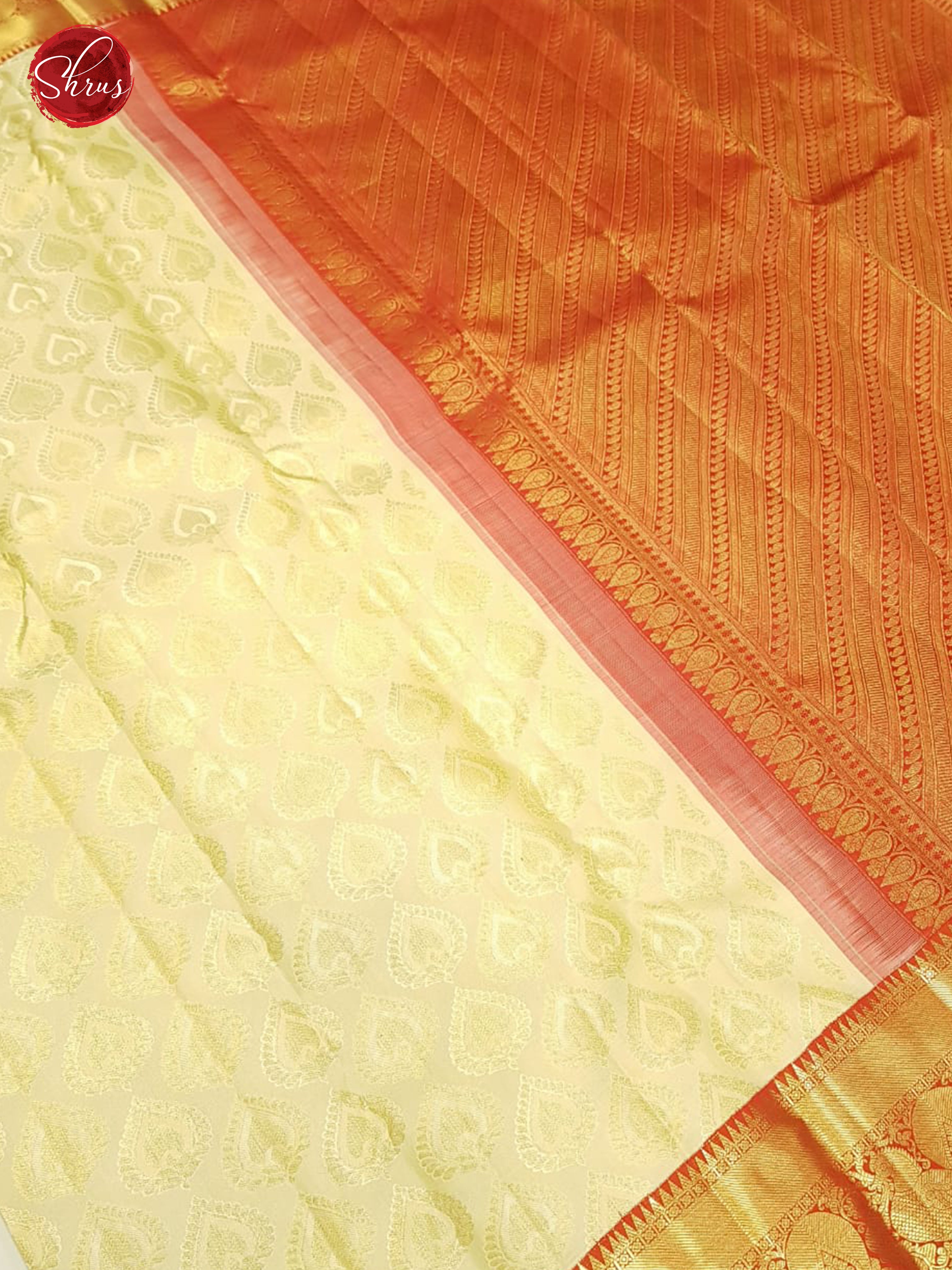 Cream & Red - Kanchipuram Silk with Border & Gold Zari - Shop on ShrusEternity.com