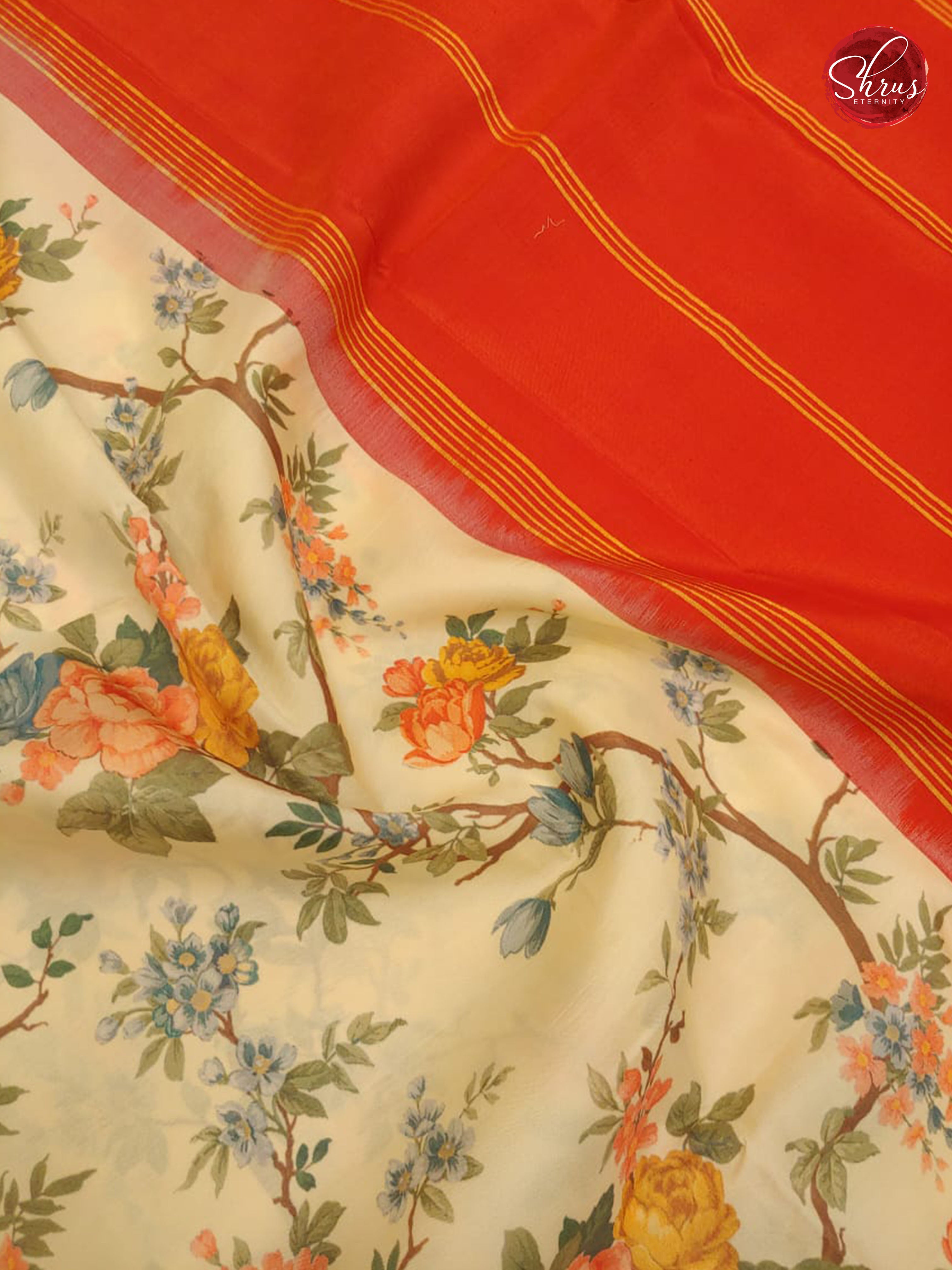 Cream & Orangish Red - Kanchipuram Silk - Shop on ShrusEternity.com