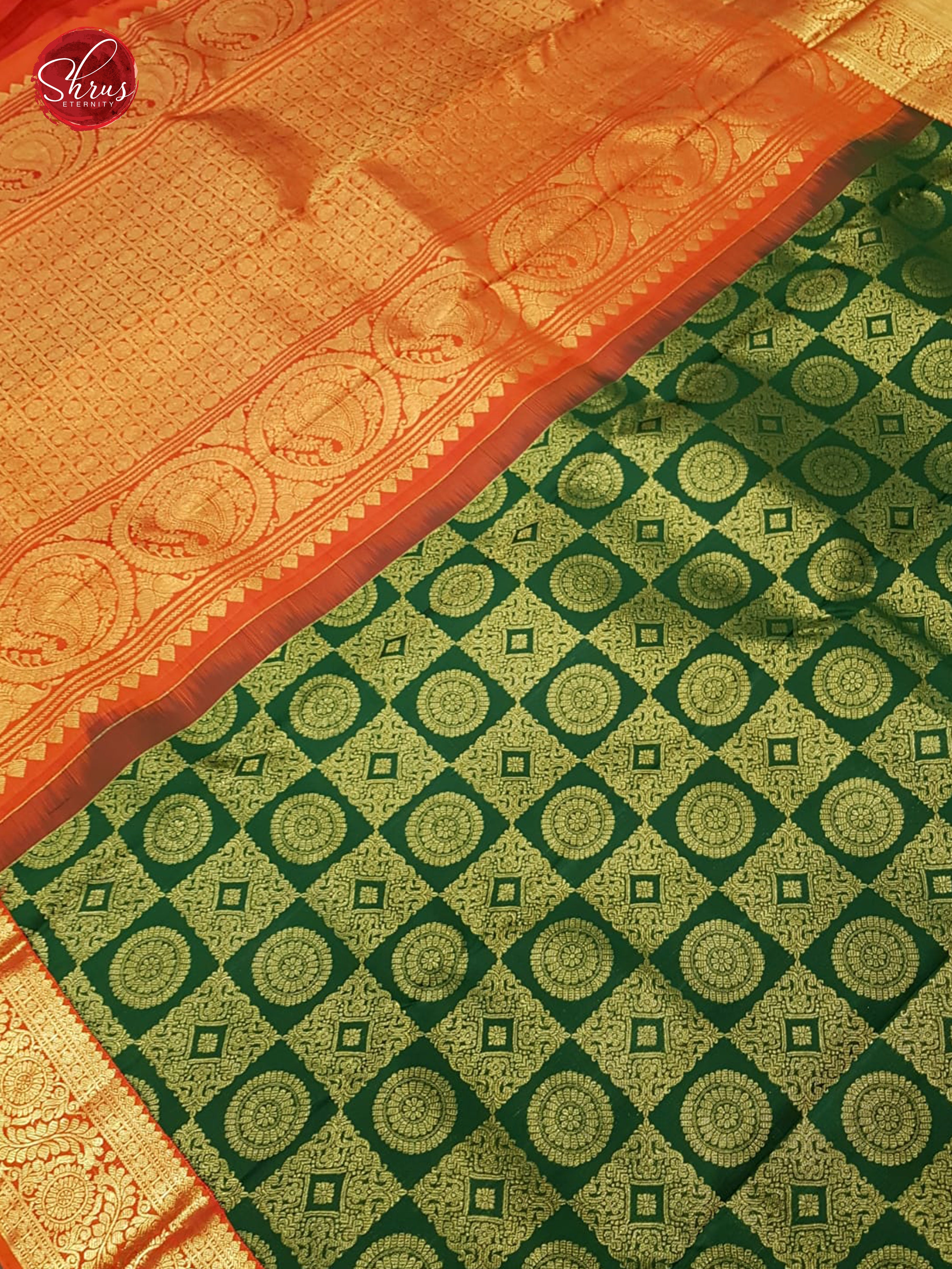 Green & Orange- Kanchipuram Silk with gold Zari & Border - Shop on ShrusEternity.com