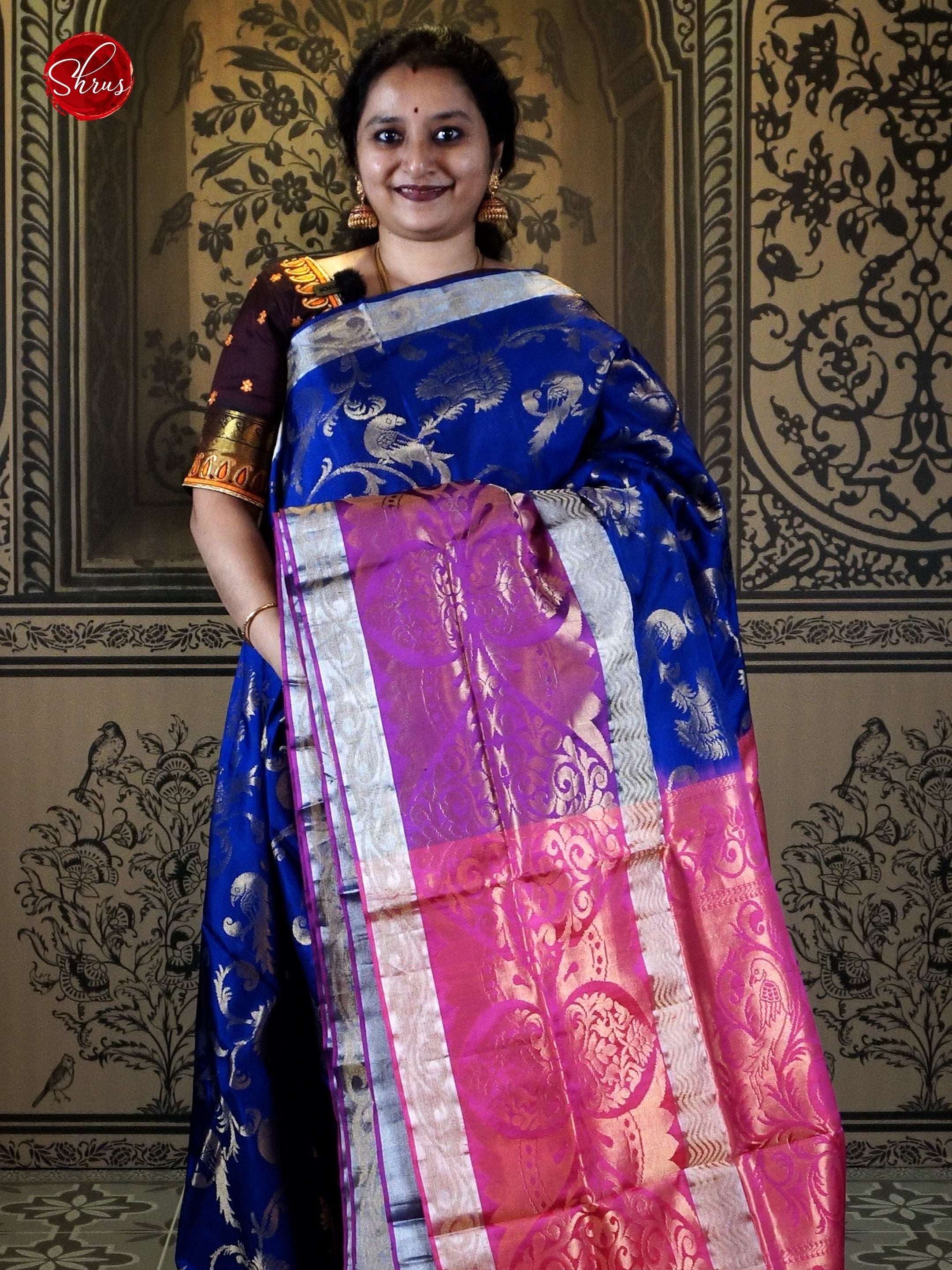 Blue & Pink- Soft Silk with ari woven floral nestling brocade on the body & Contrast zari border - Shop on ShrusEternity.com