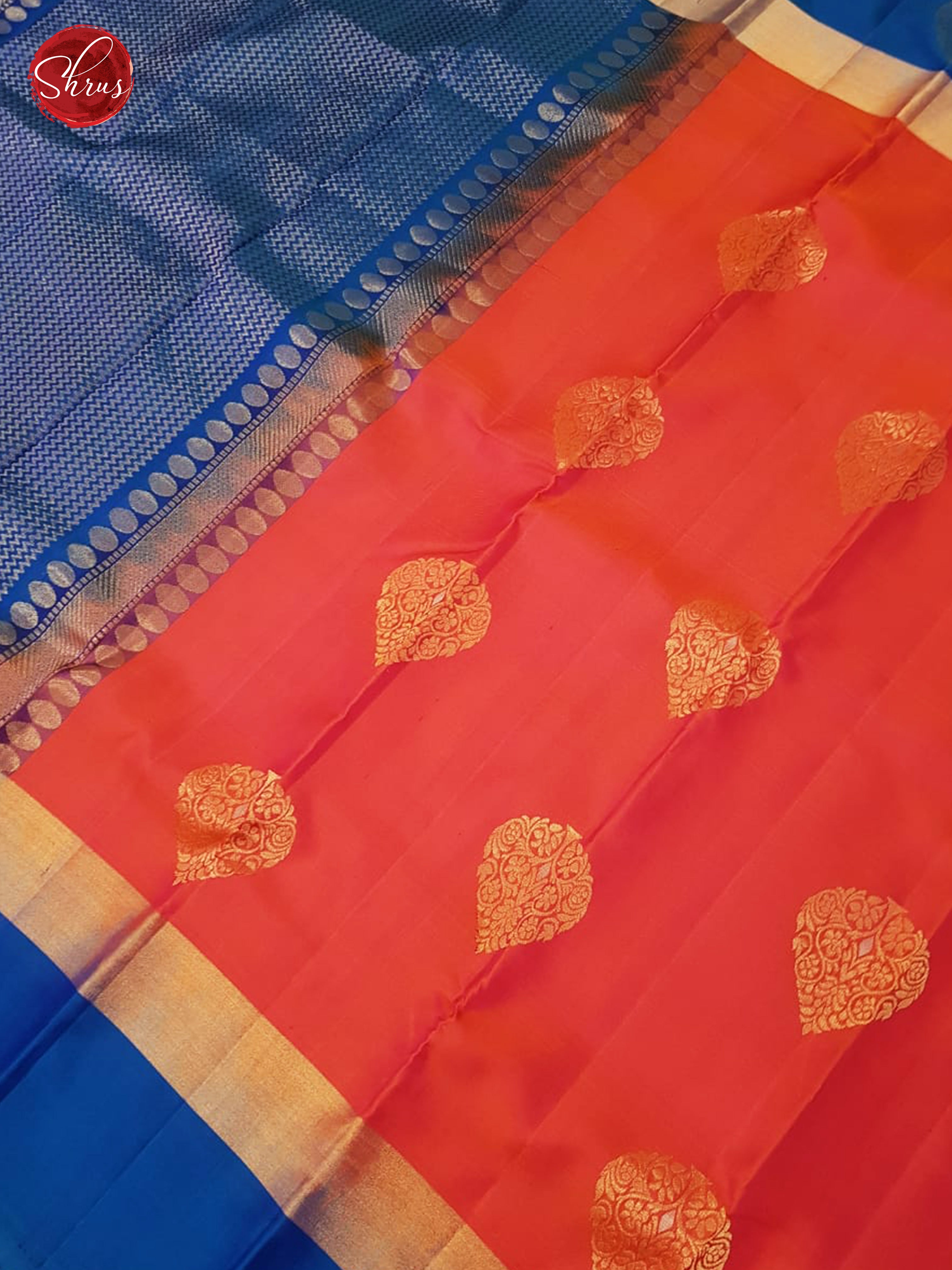 Orangish Pink & Blue - Soft Silk with Border & Gold Zari - Shop on ShrusEternity.com