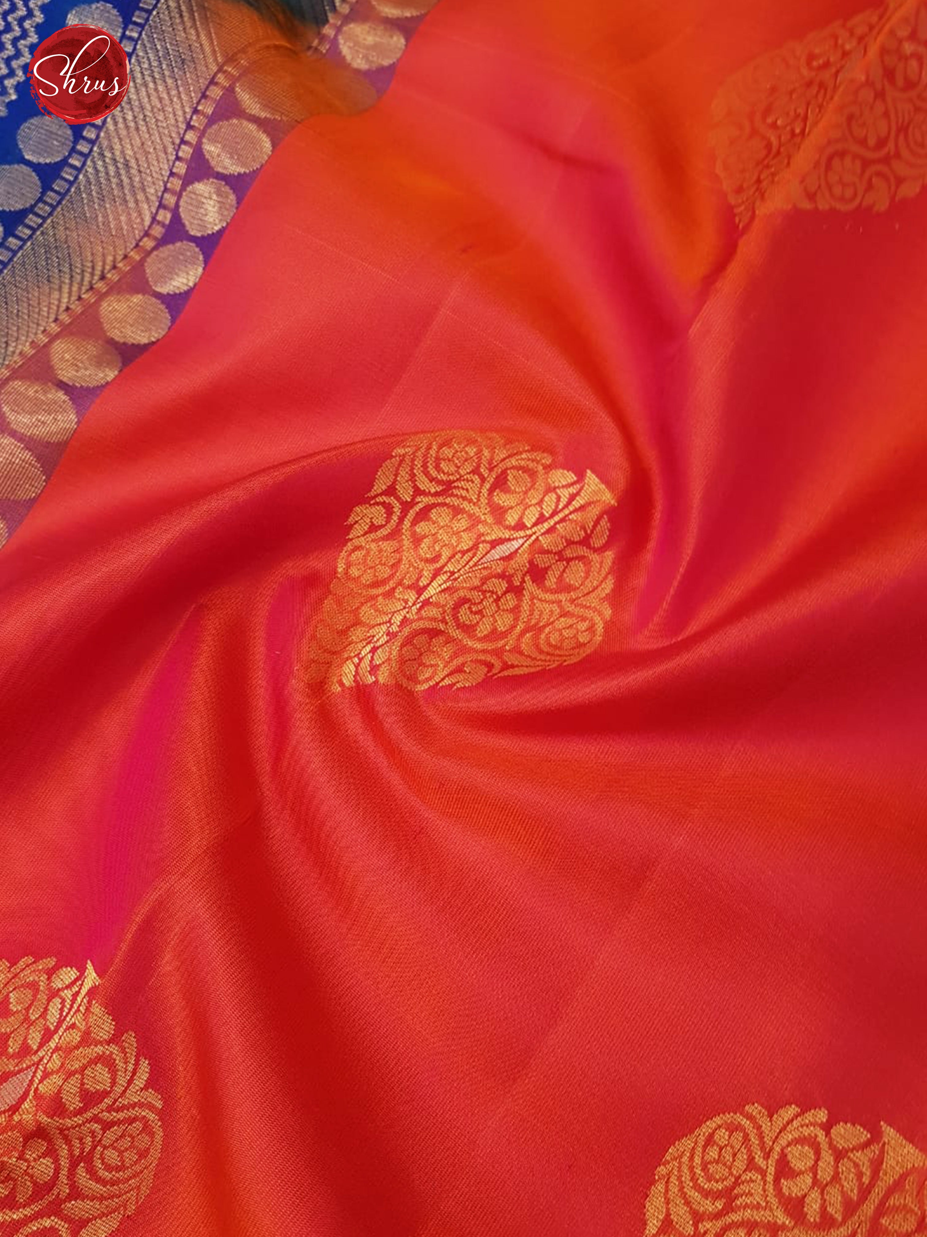 Orangish Pink & Blue - Soft Silk with Border & Gold Zari - Shop on ShrusEternity.com