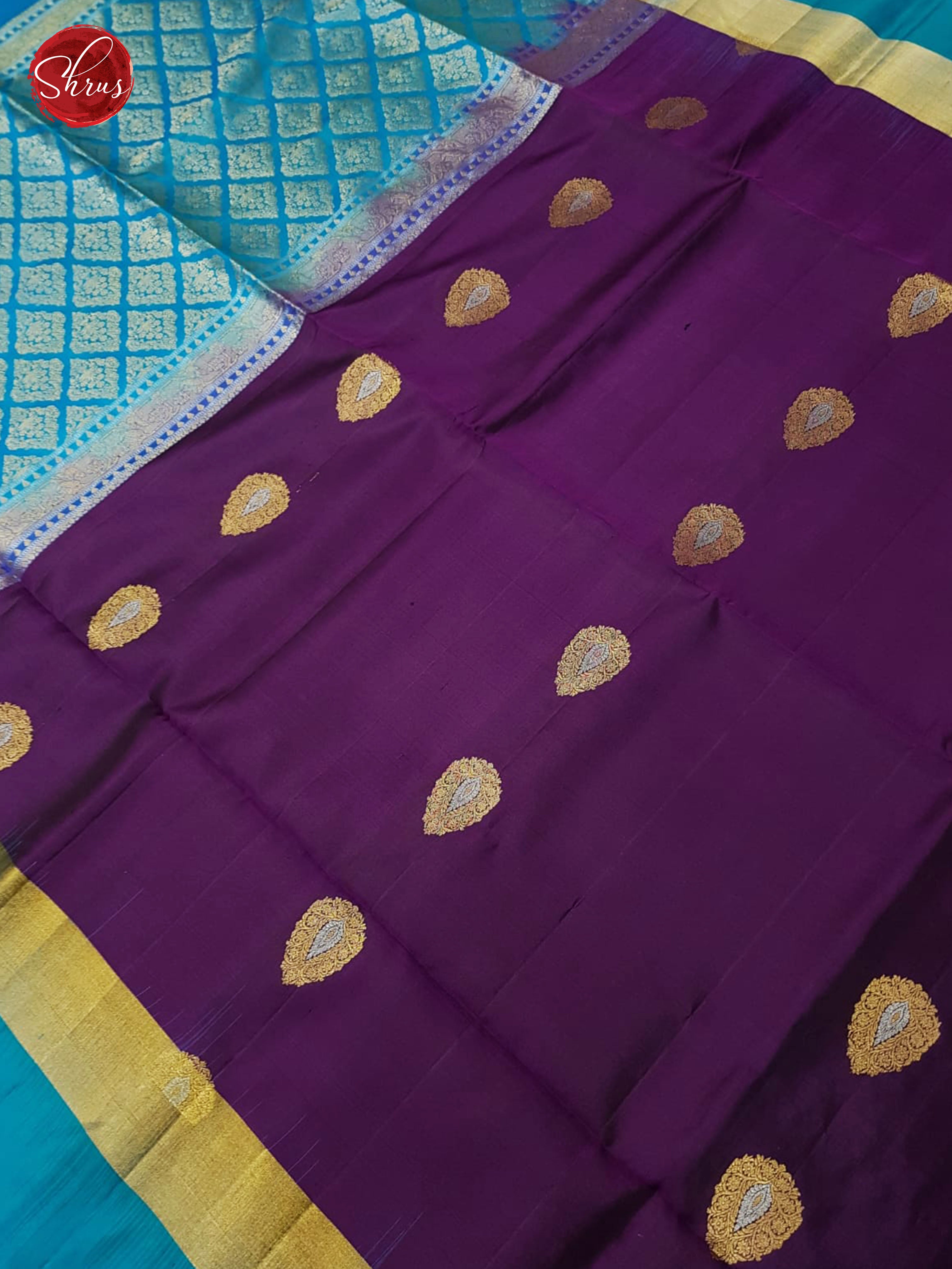 Purple & Teal - Soft Silk with Border & Gold Zari - Shop on ShrusEternity.com