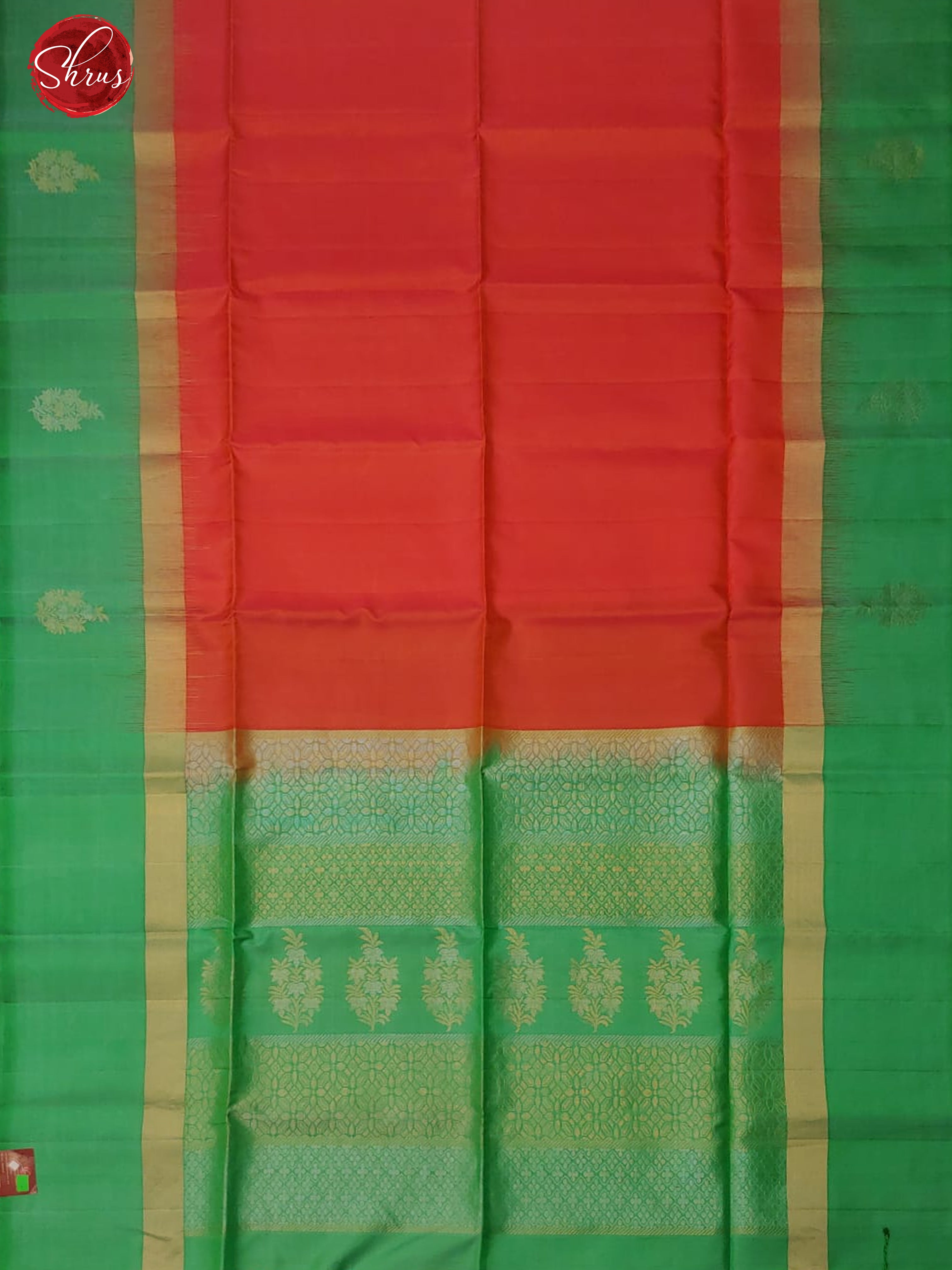 Orangish Red & Green - Soft Silk with zari woven floral motifs on the body & Contrast Border - Shop on ShrusEternity.com