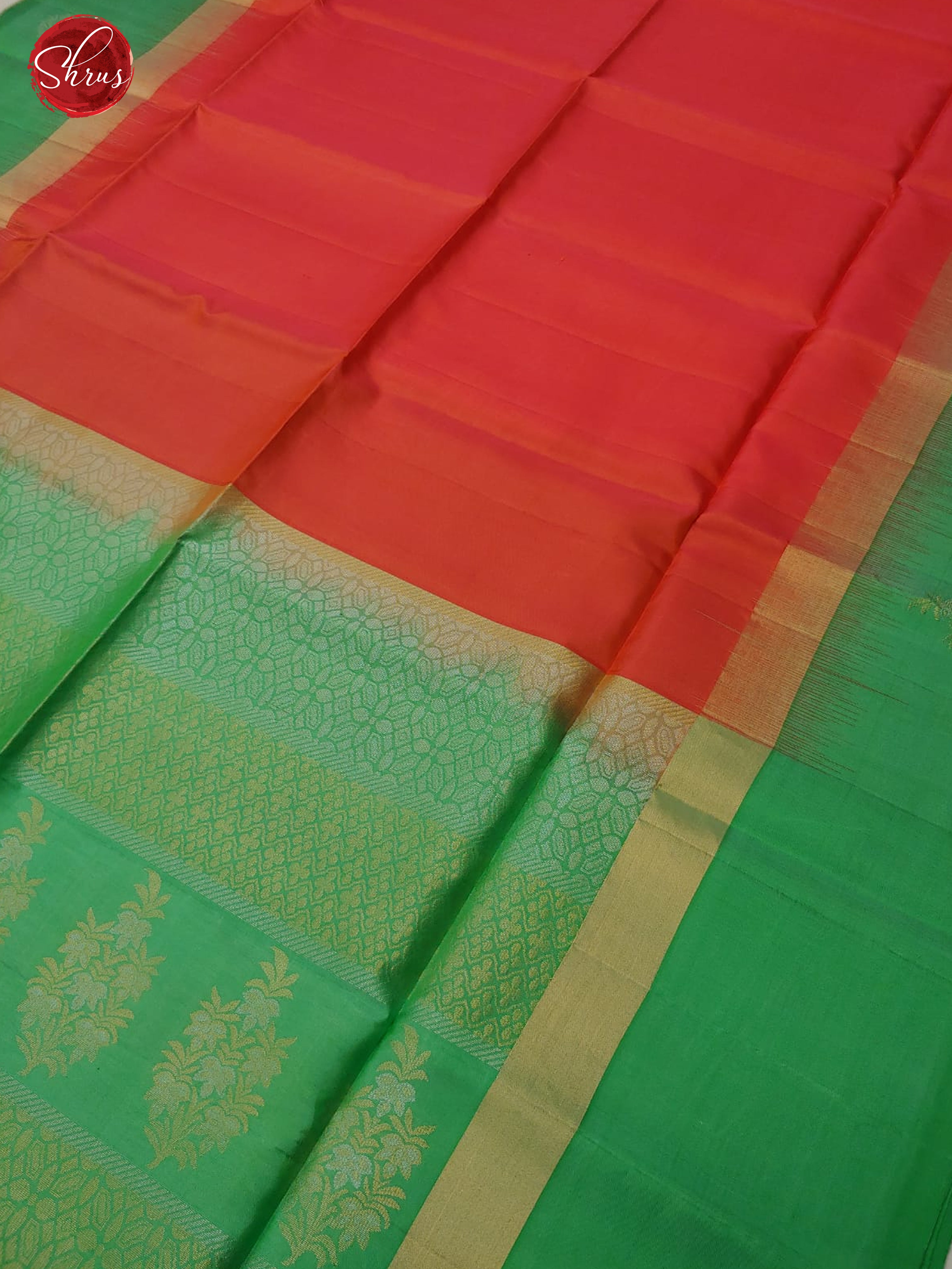 Orangish Red & Green - Soft Silk with zari woven floral motifs on the body & Contrast Border - Shop on ShrusEternity.com