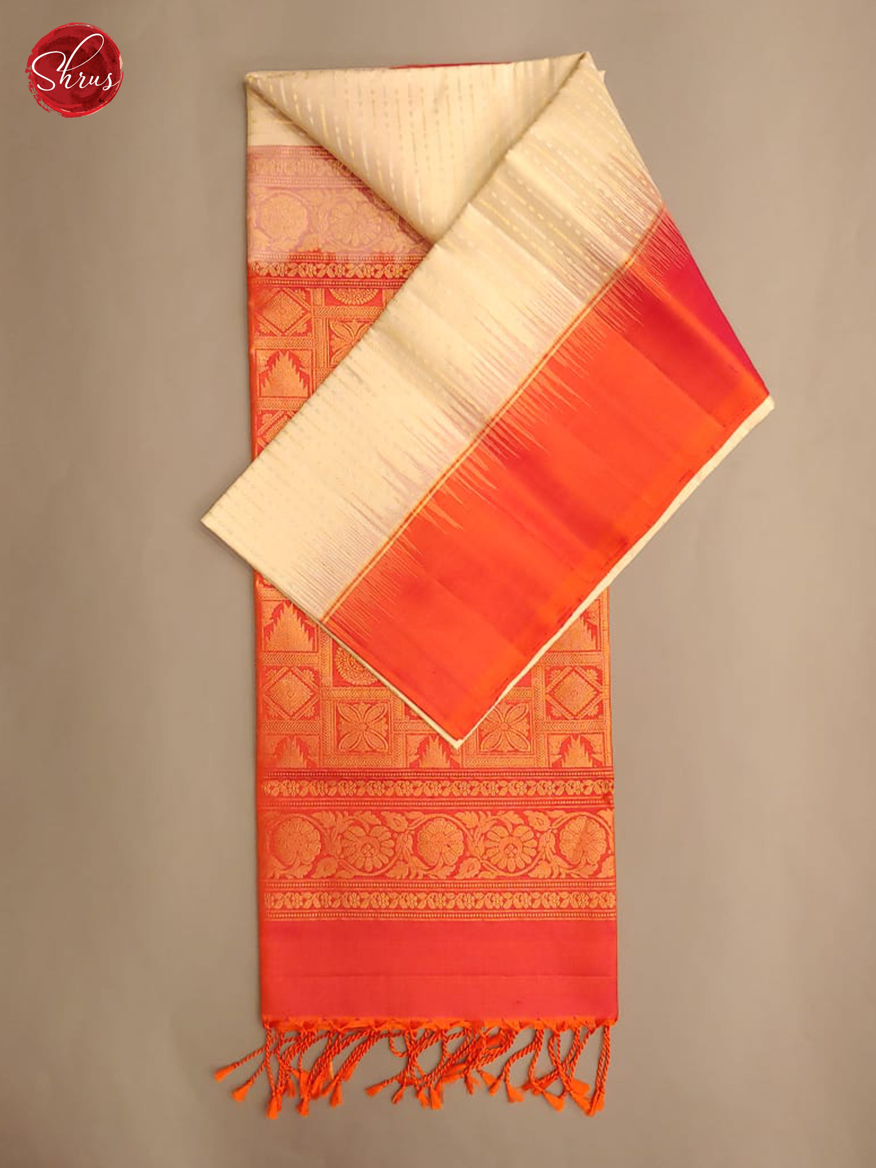 Cream & Orangish Pink - Soft Silk with Border & Gold , Silver zari - Shop on ShrusEternity.com