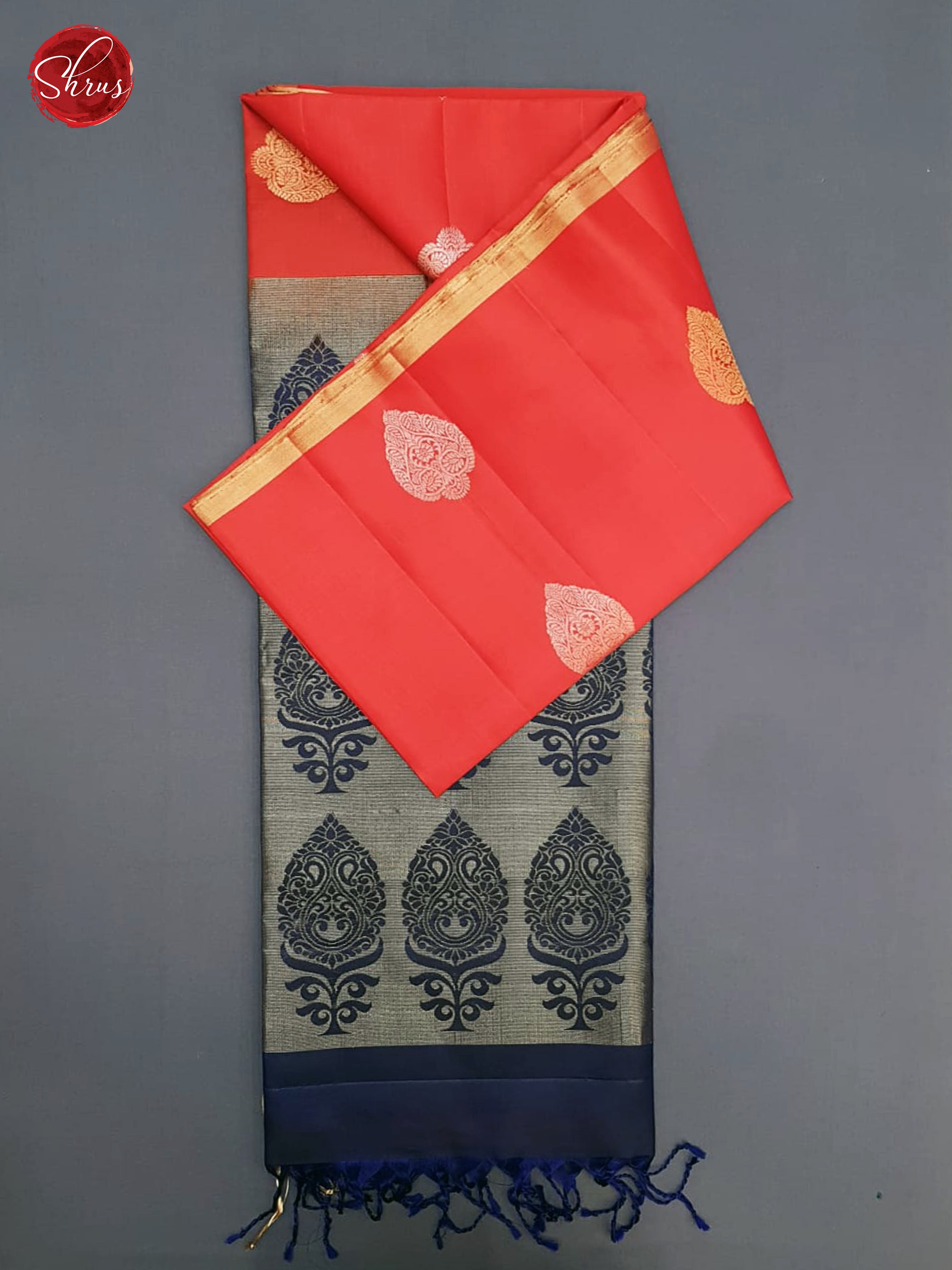 Red & Blue - Borderless Soft Silk with Gold , Silver Zari floral motifs on the body - Shop on ShrusEternity.com