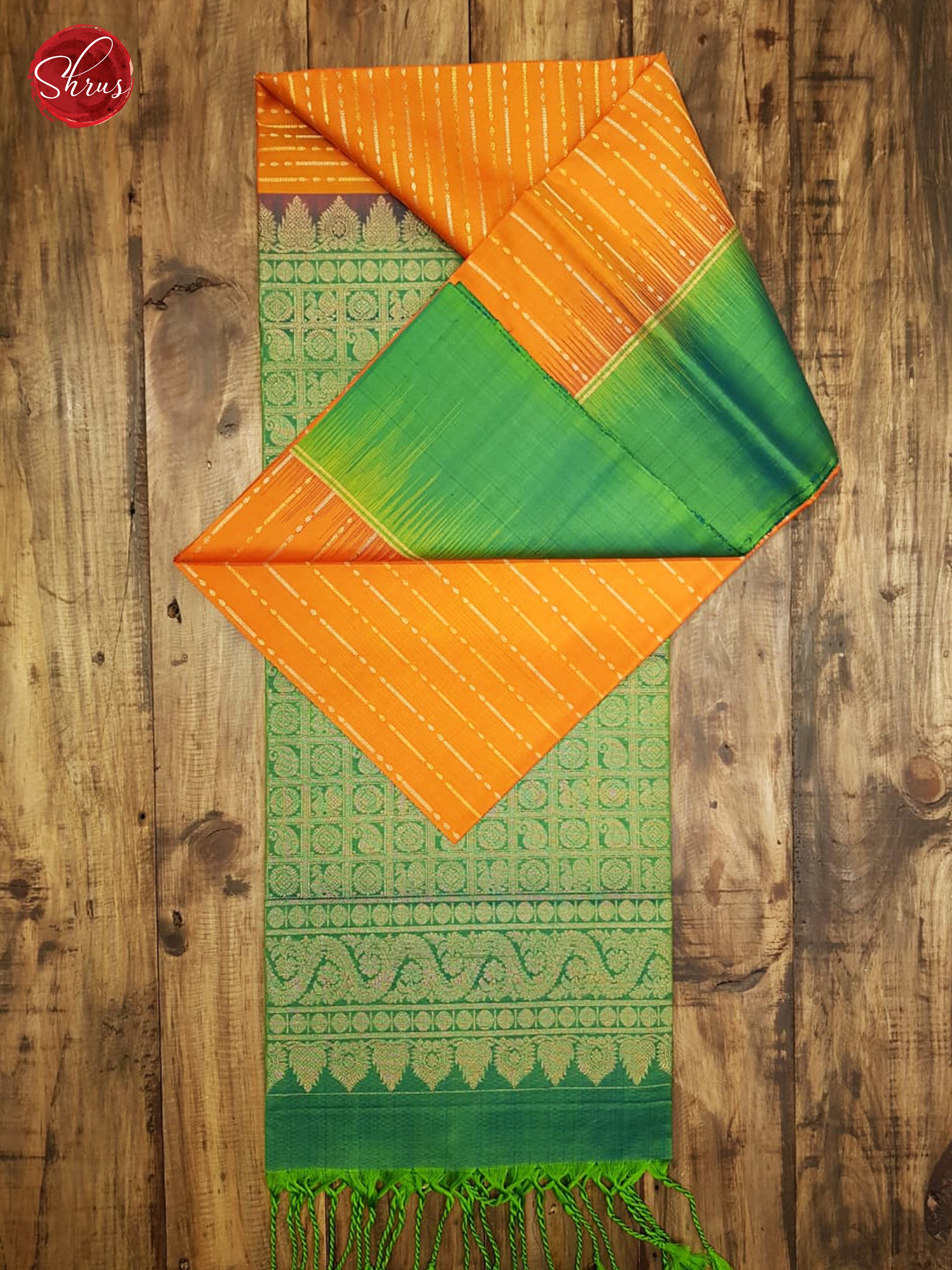 Orange & Green - Soft Silk with Border & Gold Zari - Shop on ShrusEternity.com