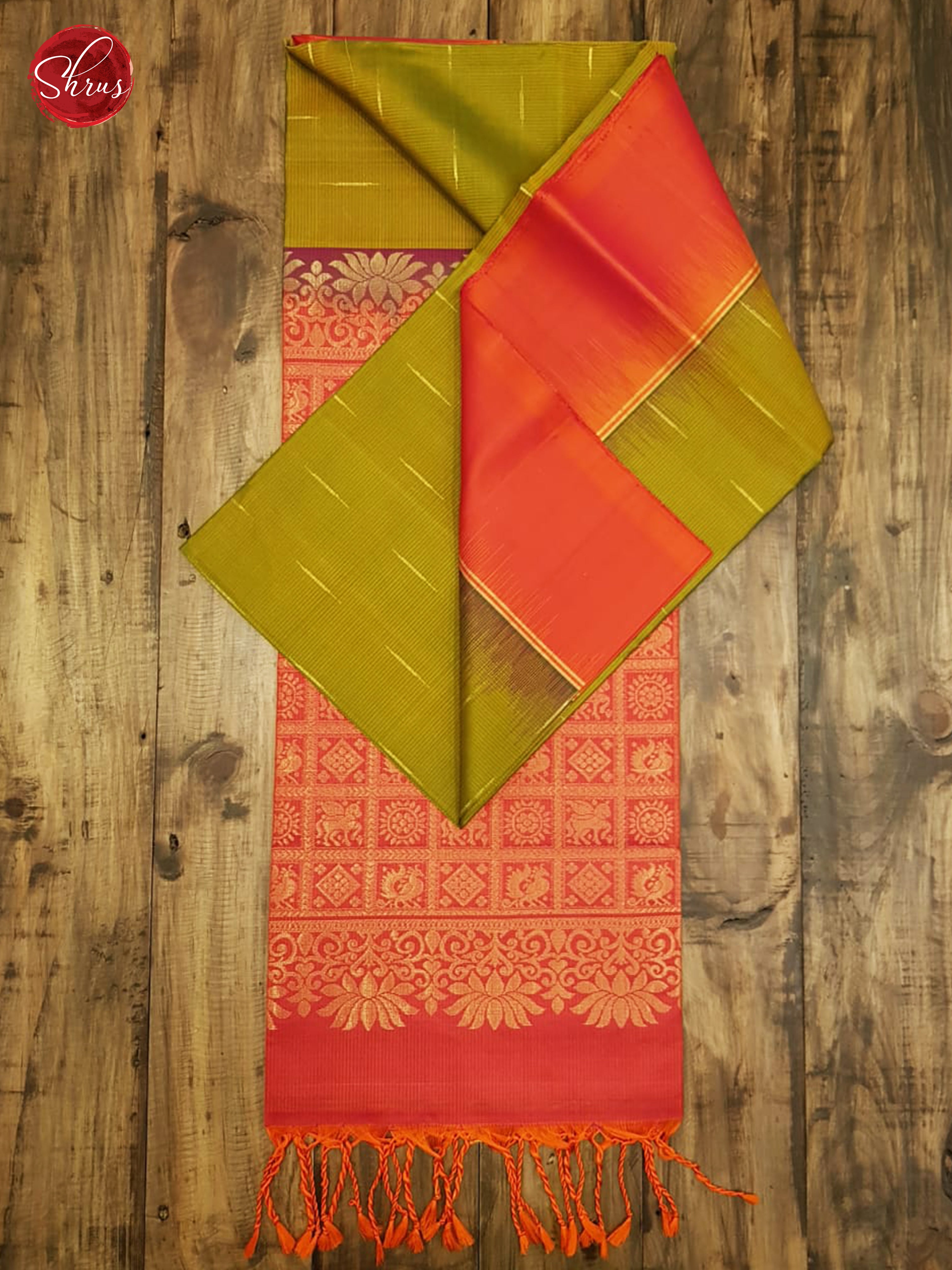 Green & Orangish Pink - Soft Silk with Border & Gold Zari - Shop on ShrusEternity.com