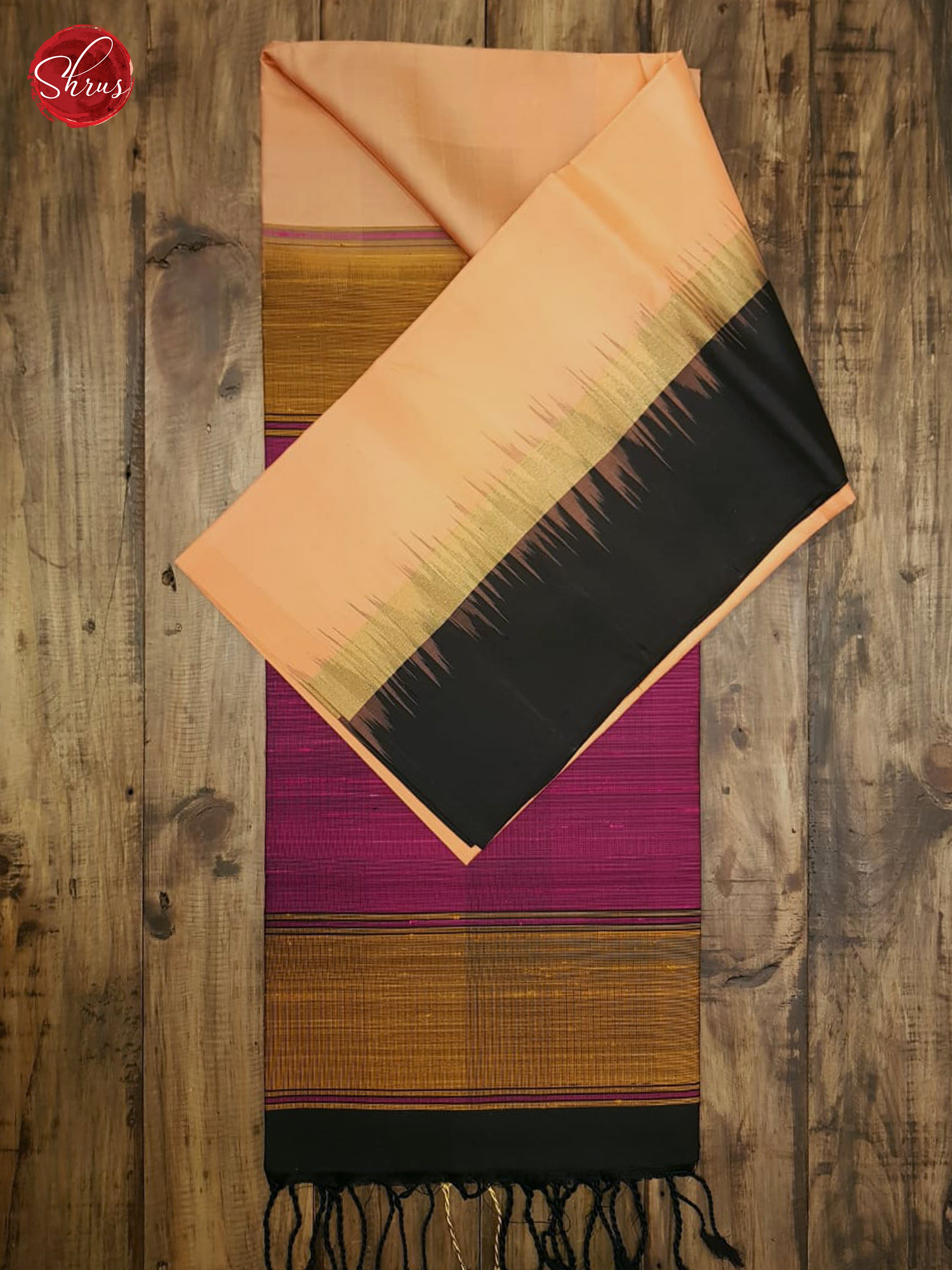 Peach & Black - Soft Silk with Border & Gold zari - Shop on ShrusEternity.com