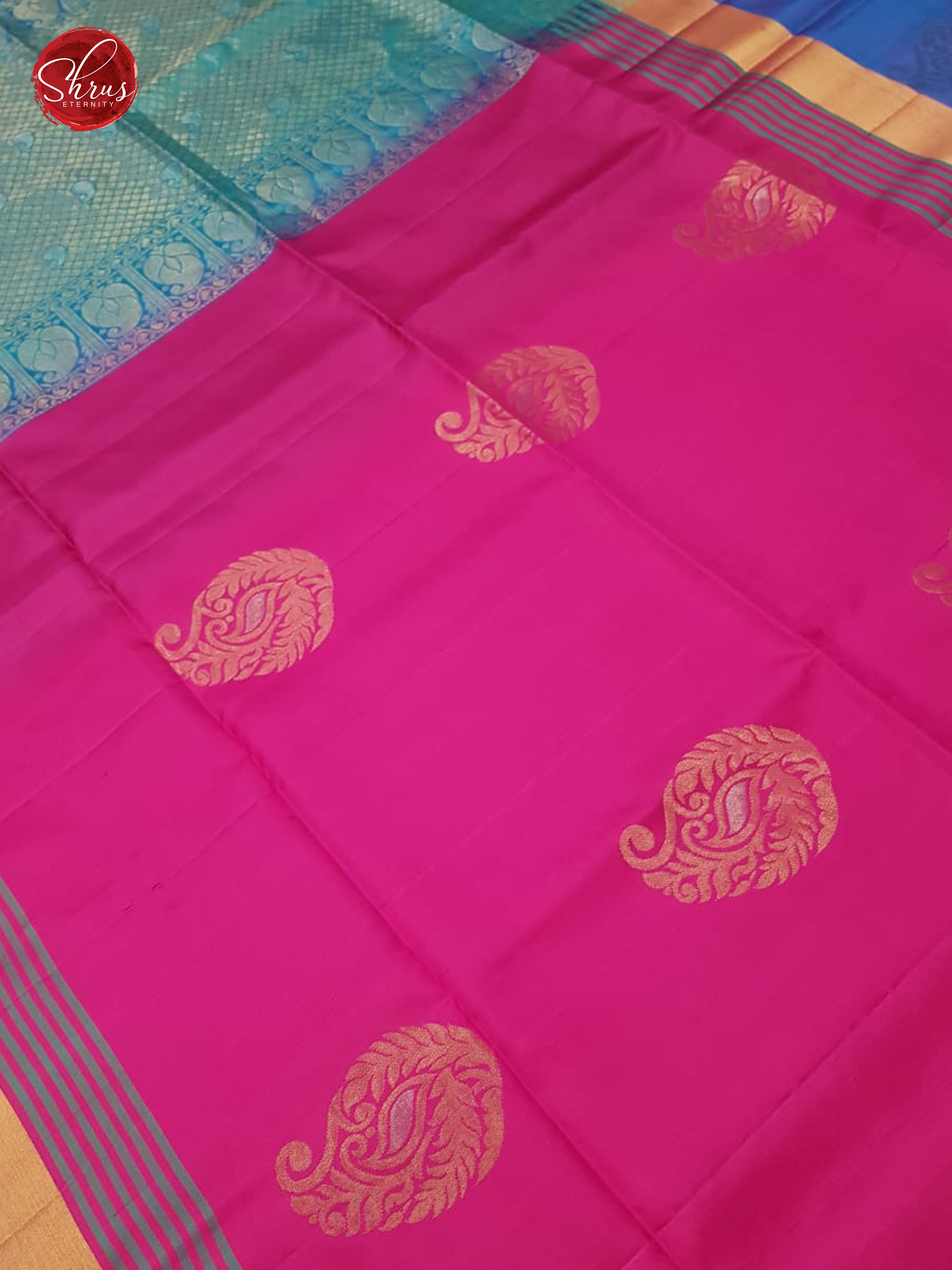 Pink & Teal - Soft Silk with Border & Gold Zari - Shop on ShrusEternity.com