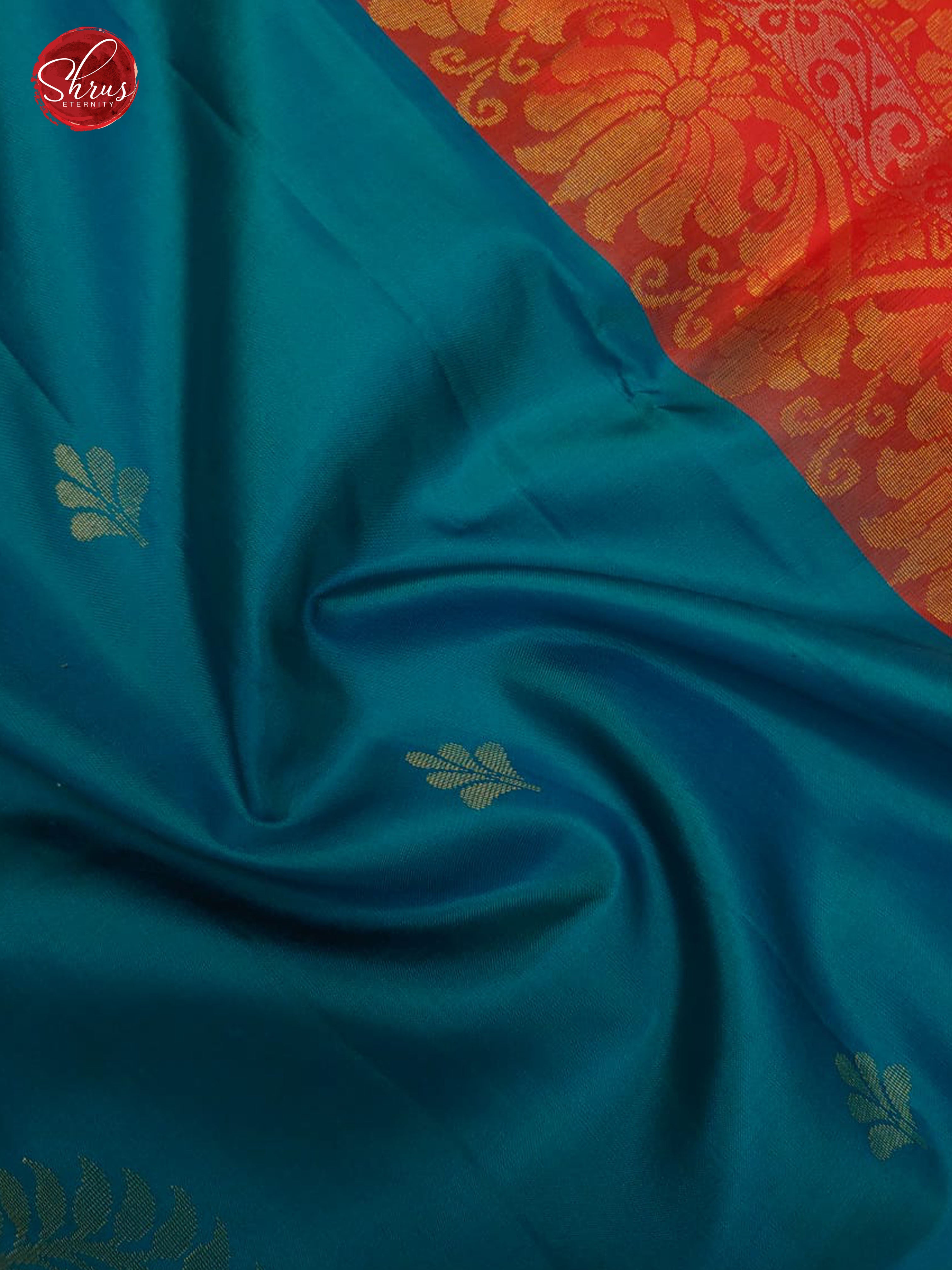 Rama Blue & Orangish Pink - Borderless Soft Silk with Gold Zari - Shop on ShrusEternity.com