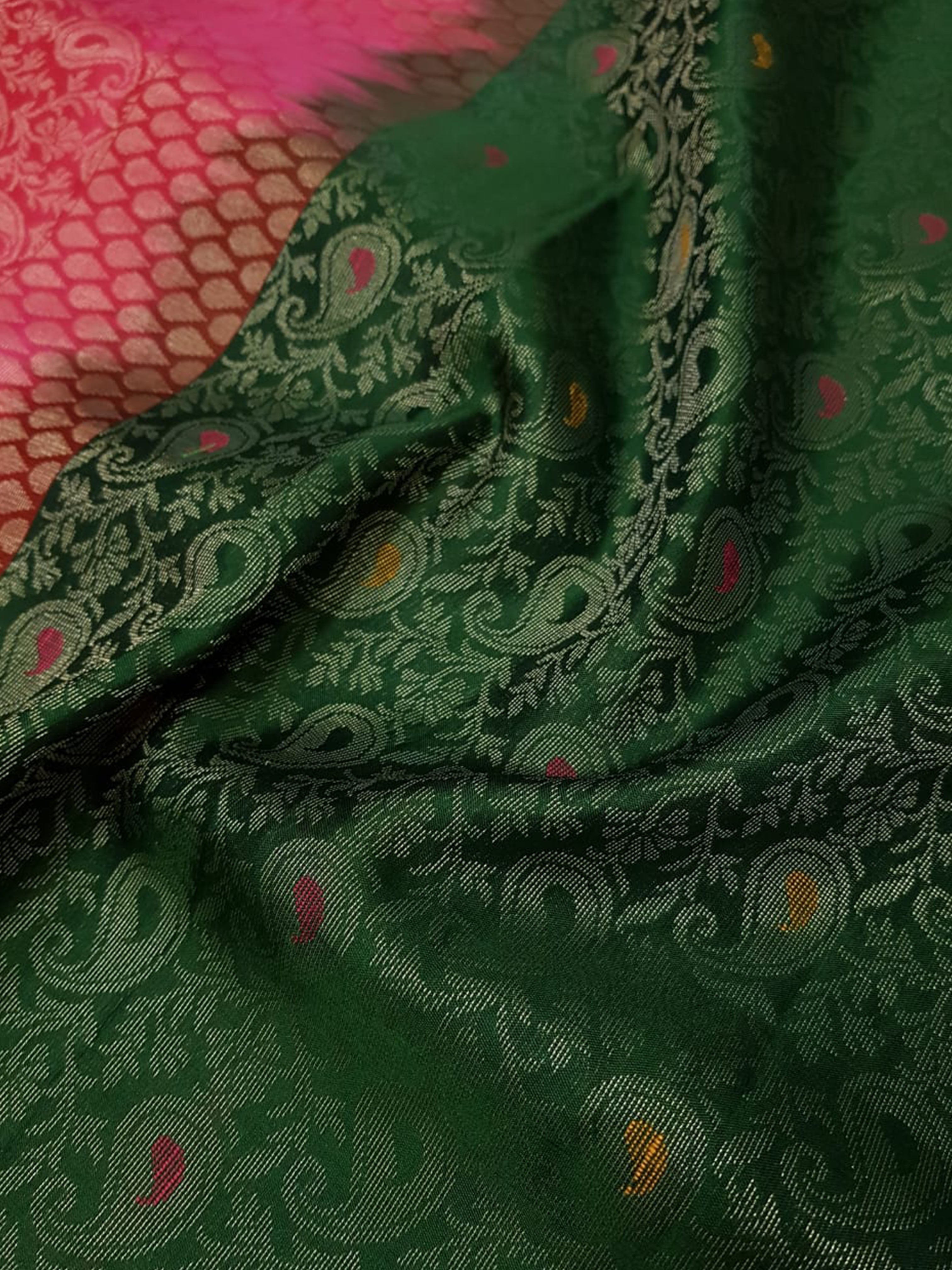 Green & Pink - Soft Silk with Border & Gold Zari - Shop on ShrusEternity.com